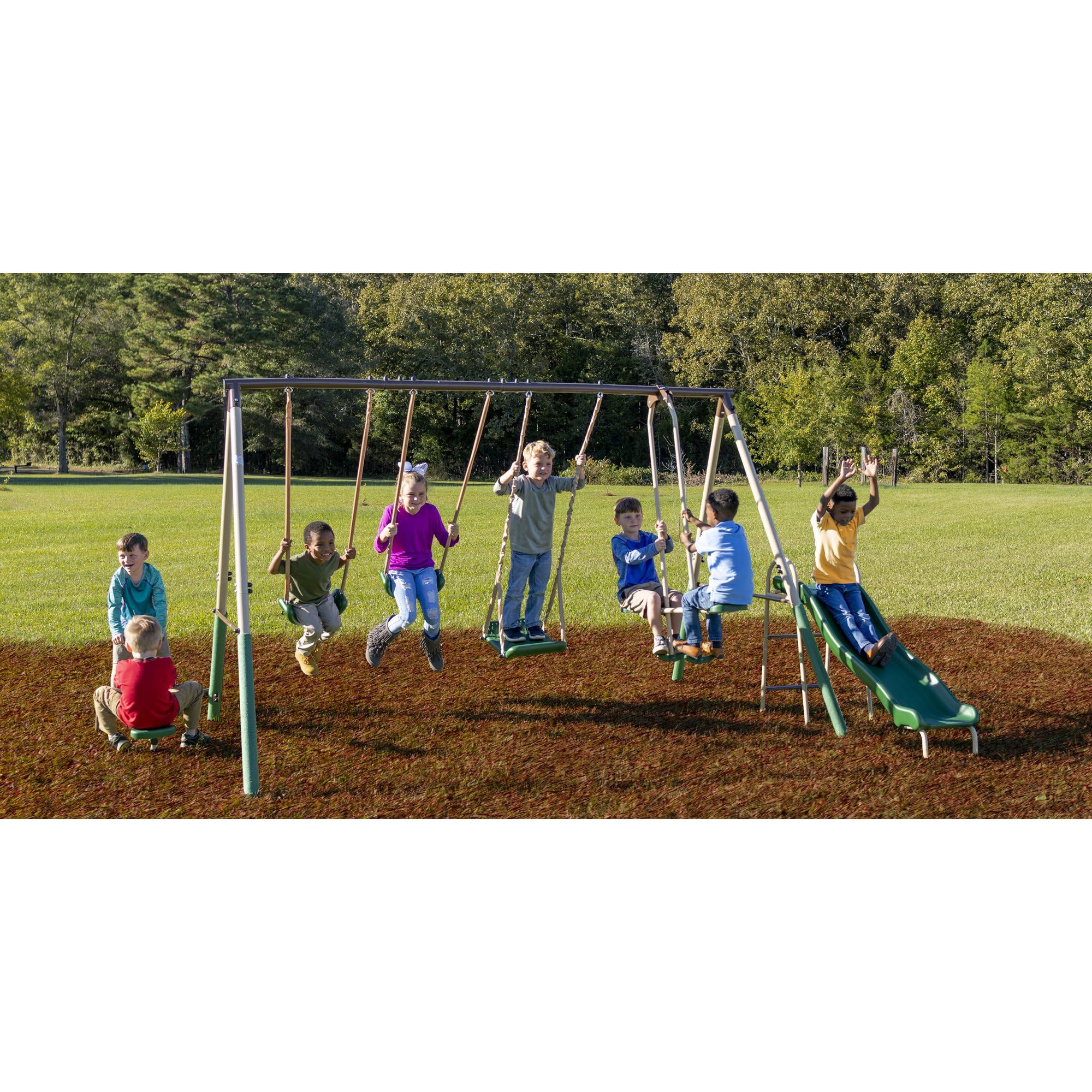 Metal Outdoor Swing Set with Slide Glider Seesaw