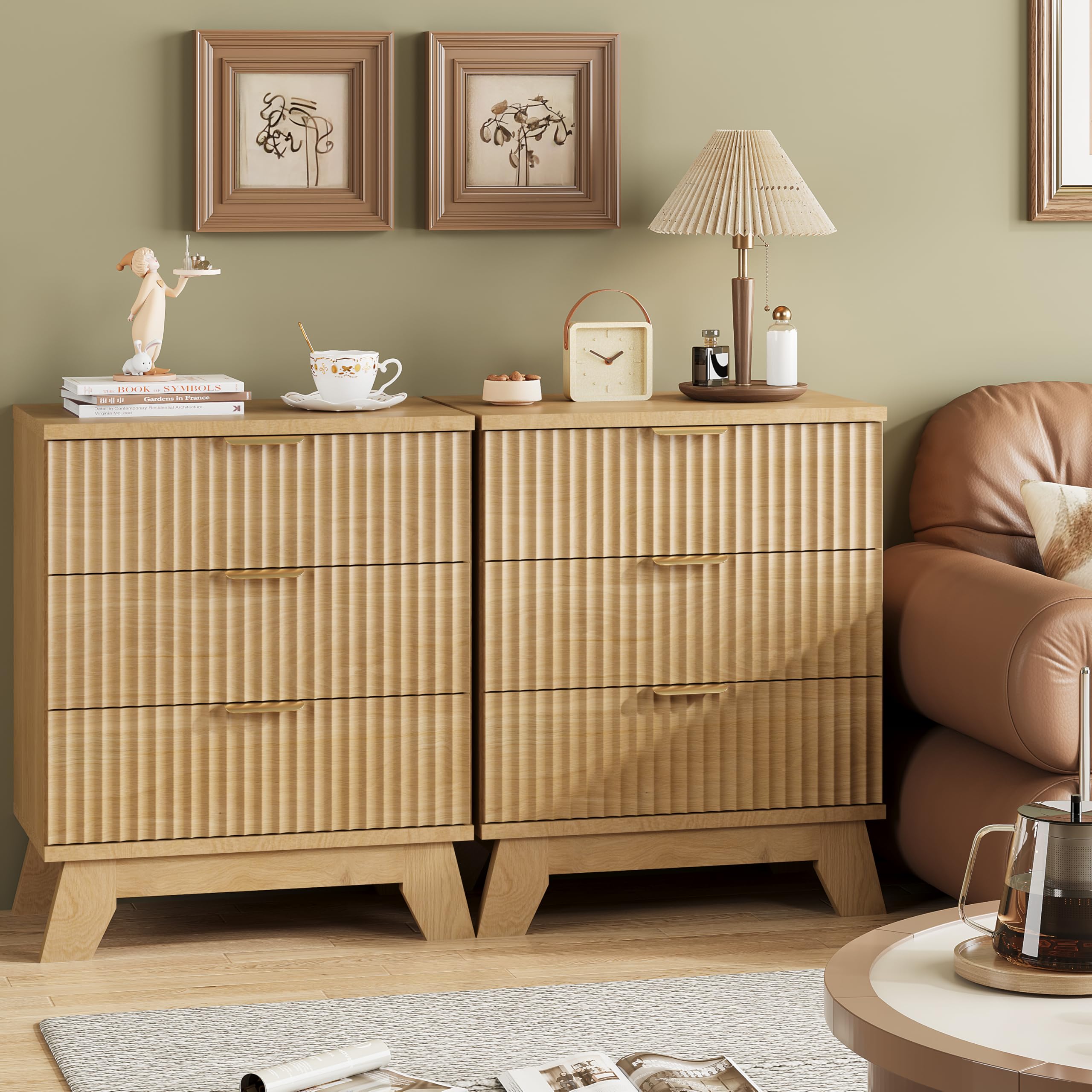 Fluted Nightstand with 3 Drawers Mid Century Modern Wood Bedside Table