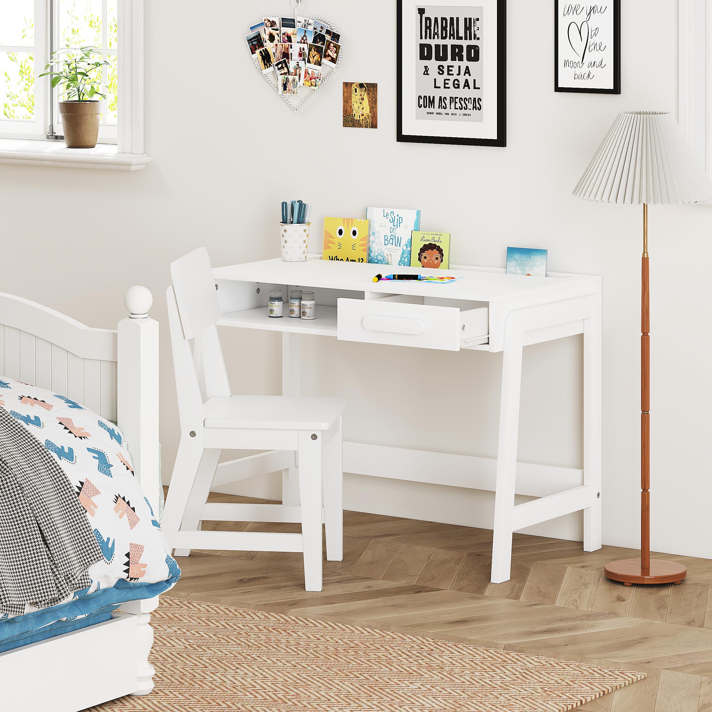 Desk and Chair Set, Study Desk for Kids with Drawers, Wooden
