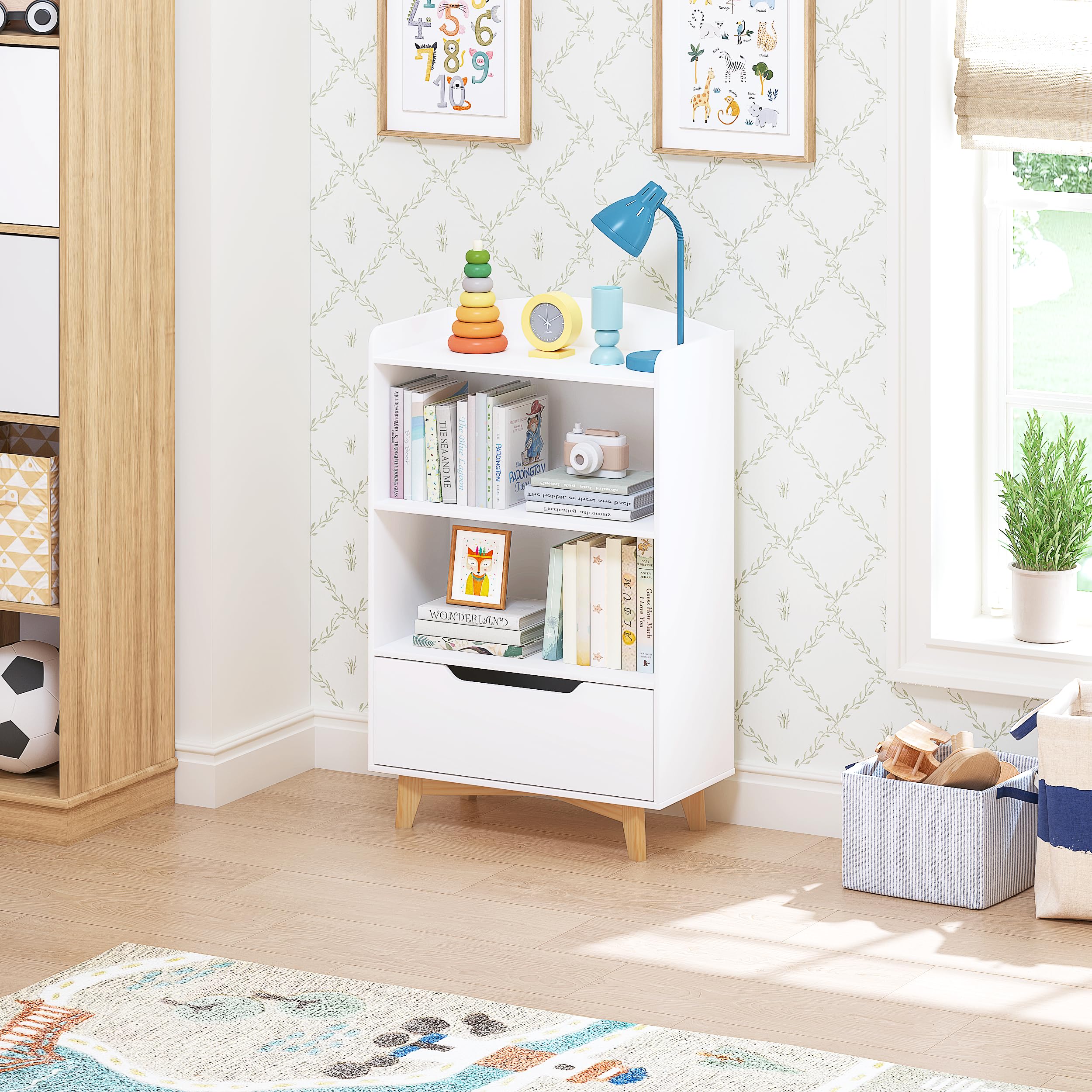 Kids Bookshelf with Storage Drawer White Wood
