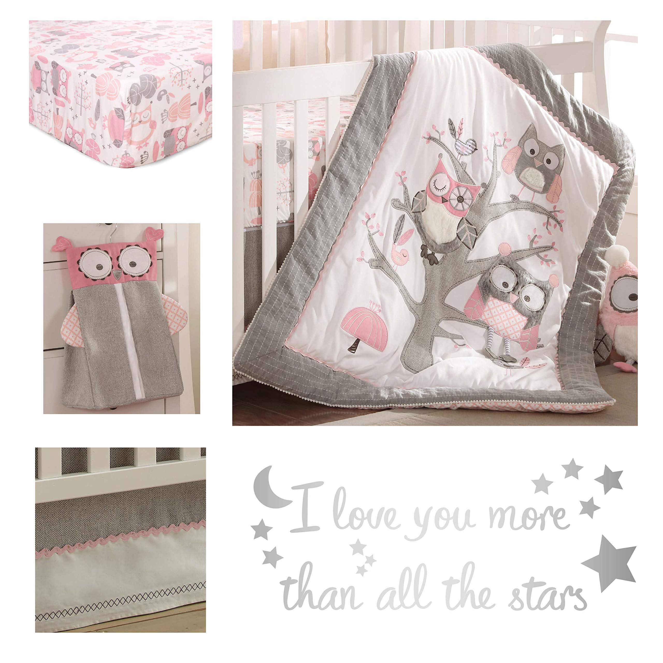 Night Owl Pink Crib Bed Set - Baby Nursery Set - Pink, Grey, White