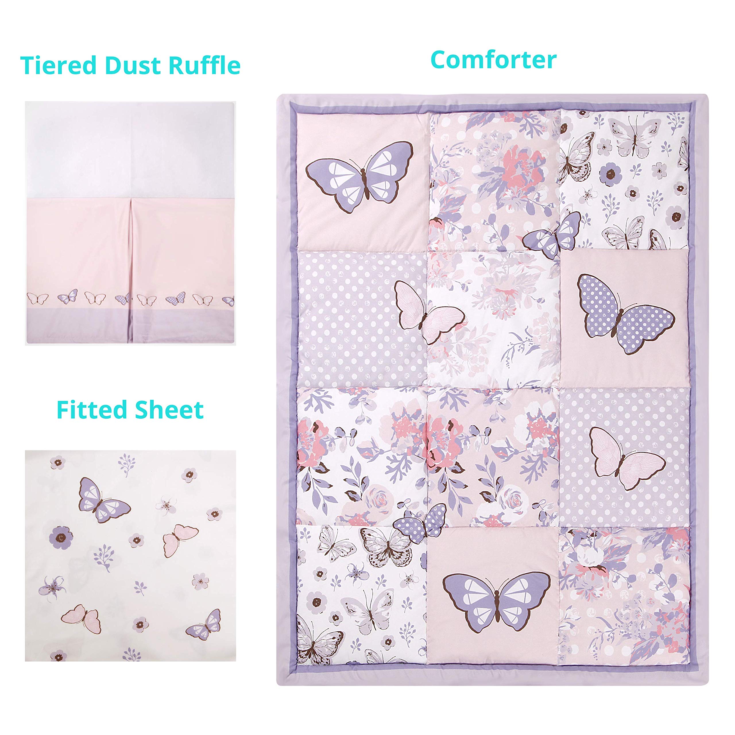 Purple Butterfly Baby Crib Bedding Set for Girls - 3 Piece Nursery Set