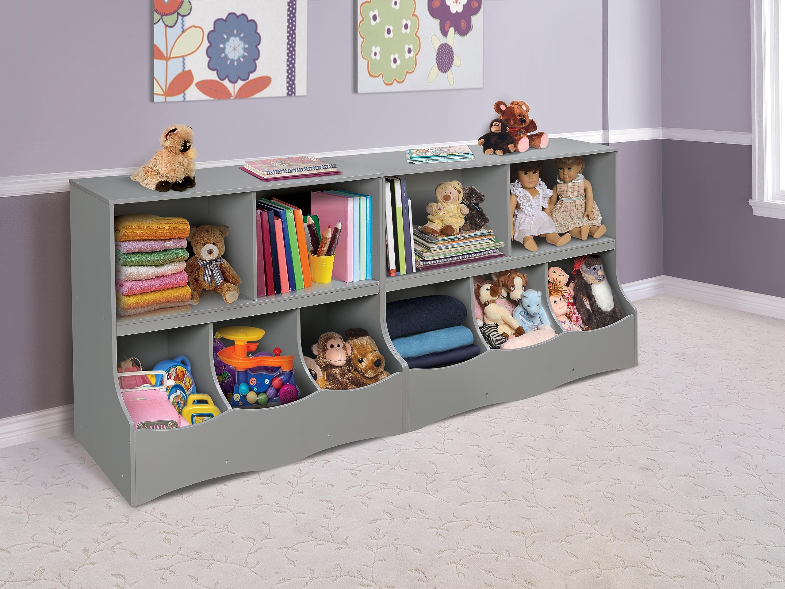 Multi-Bin Storage Cubby for Kids - Toy Organizer with 3 Bins and 2 Shelves