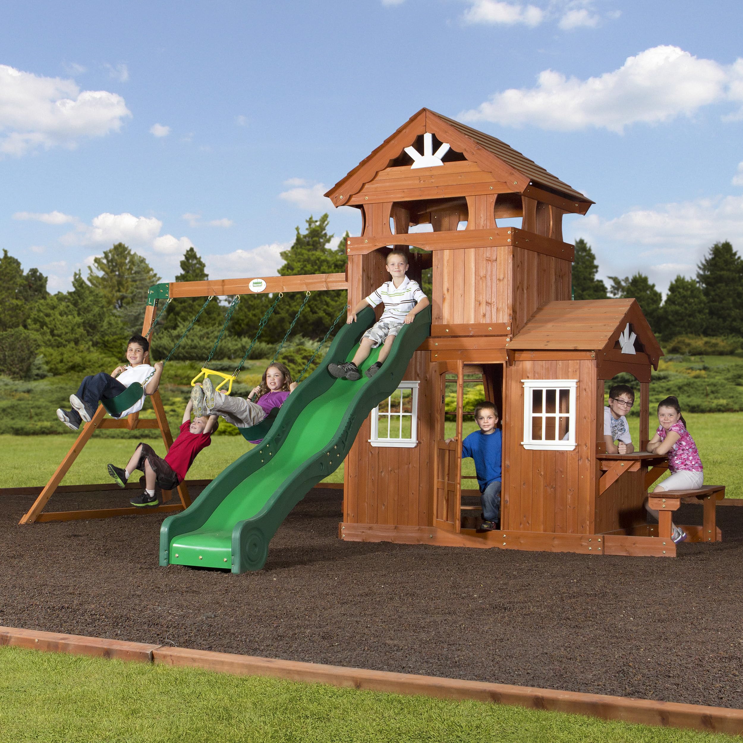 Shenandoah Cedar Wood Swing Set with Wave Slide, Raised Clubhouse