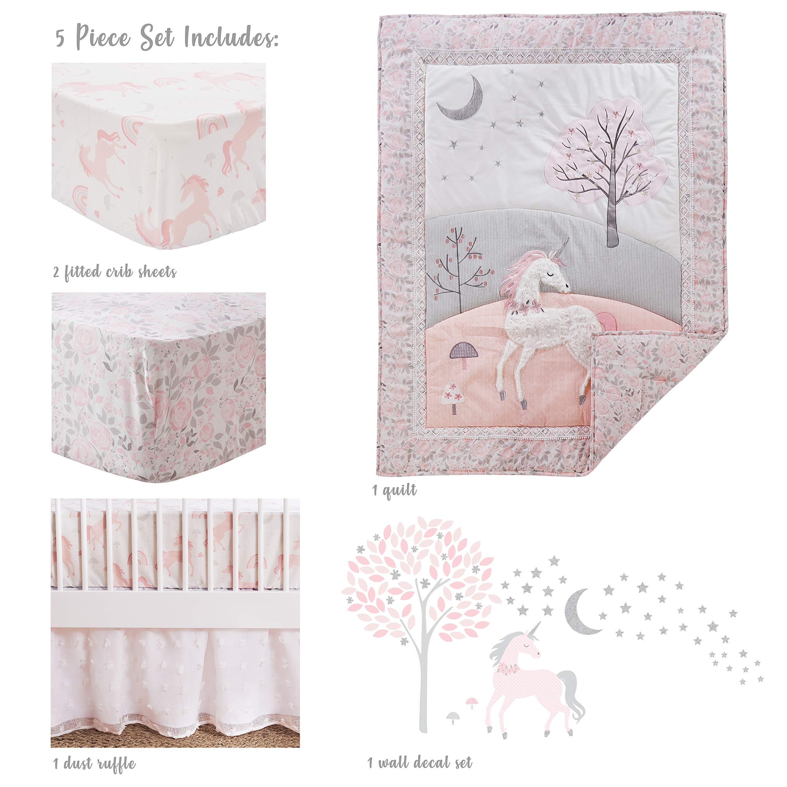 Unicorn Crib Bedding Set for Girls - 5 Piece Nursery Collection