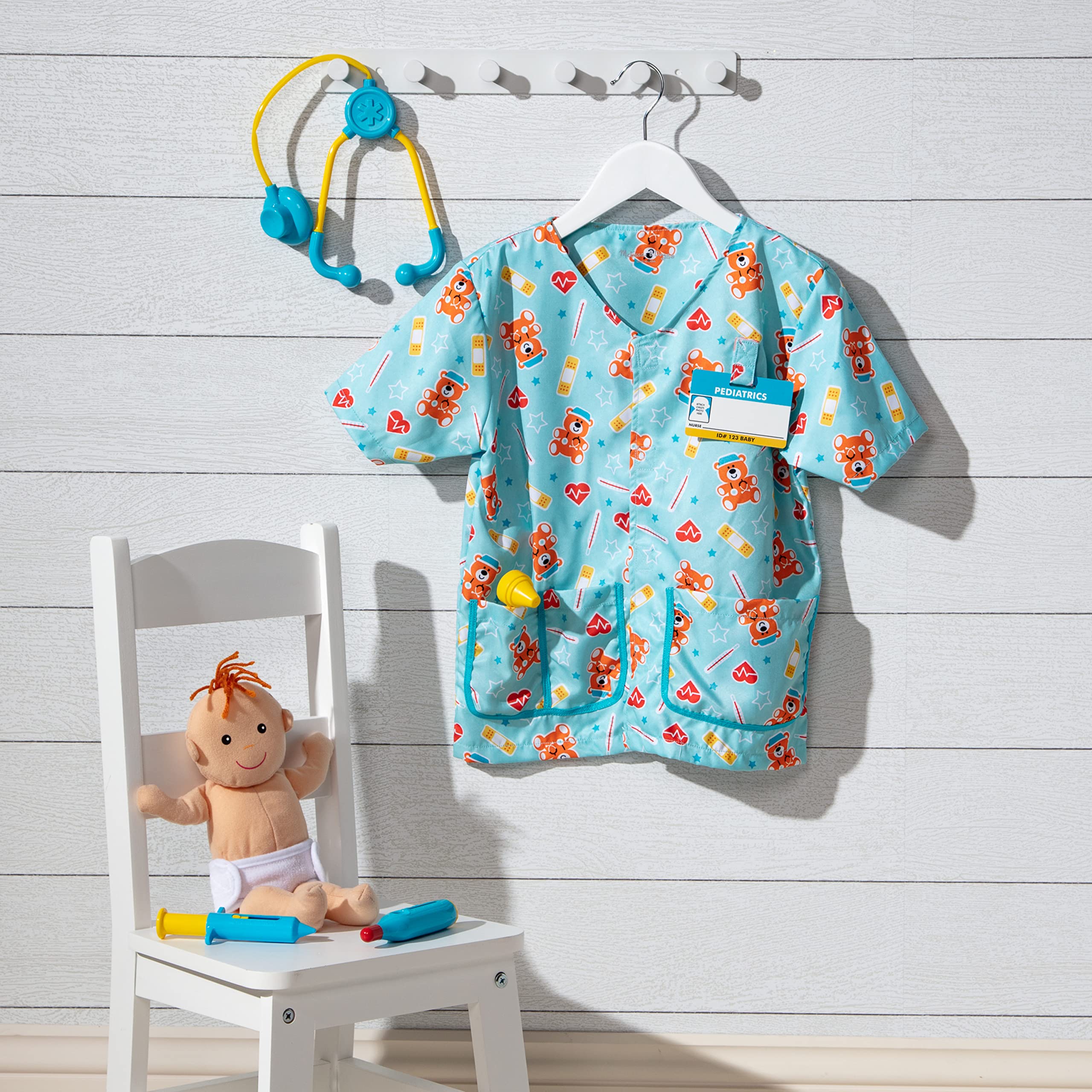 Doug Pediatric Nurse Costume Role Play Set (8 pcs) - Includes Baby Doll, Stethoscope