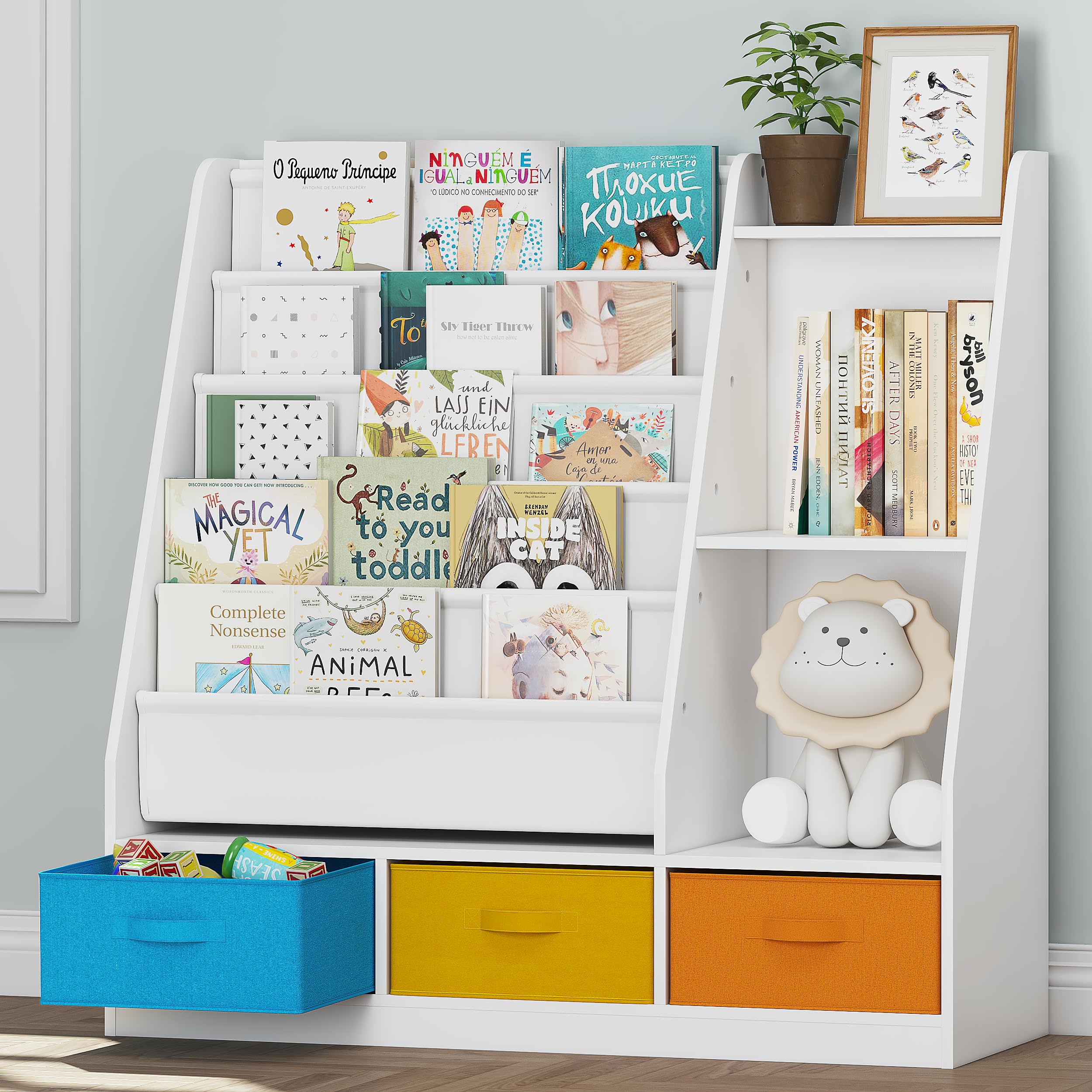 Kids Sling Bookshelf with Storage Bins, Wood Children Bookcase