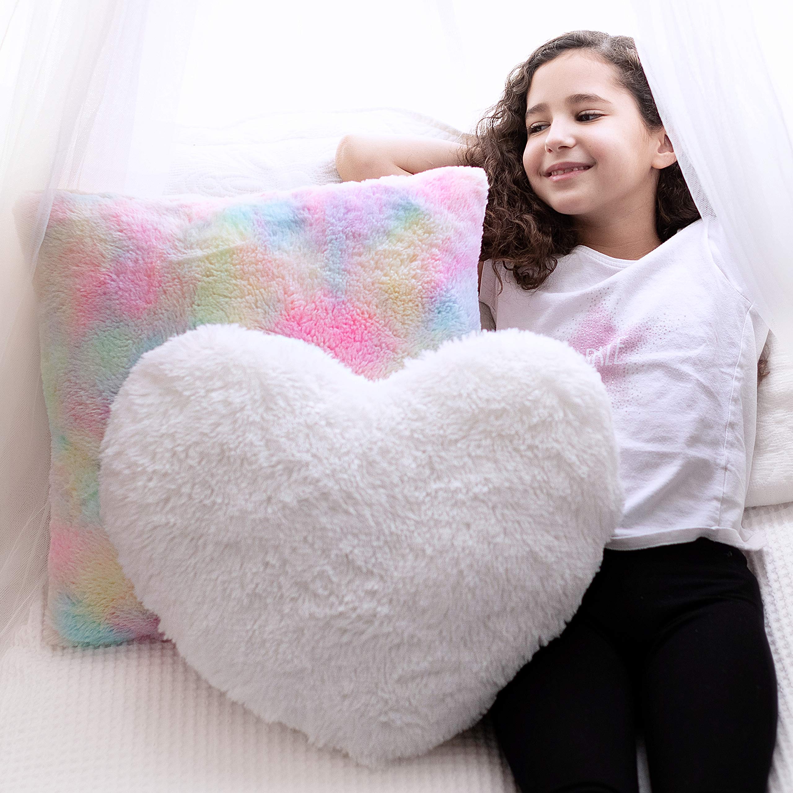 Set of 2 Decorative Throw Pillows for Girls. White Fluffy