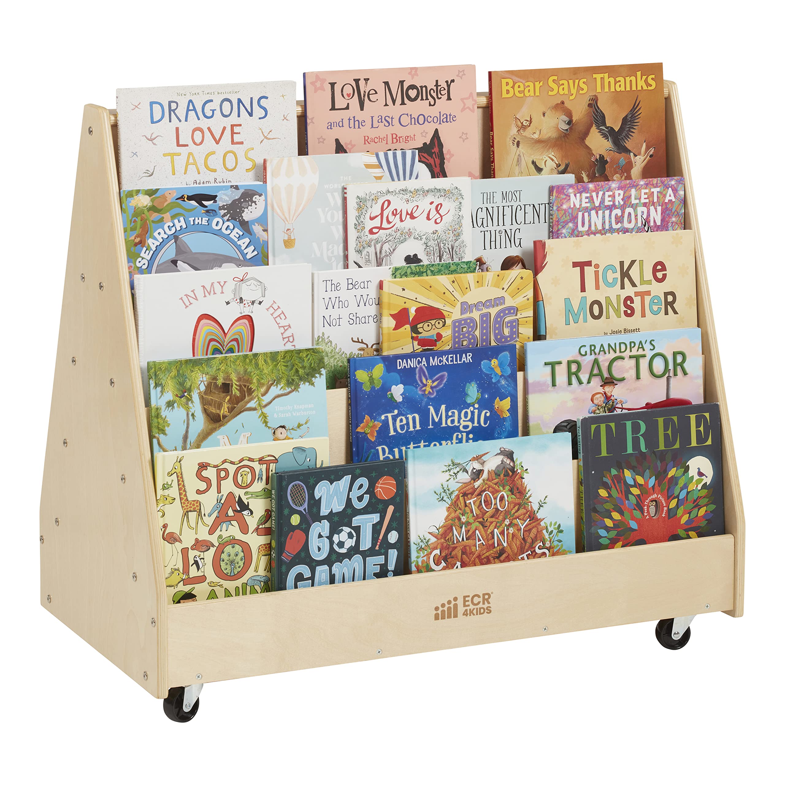 Double-Sided Mobile Book Display, Classroom Bookshelf, Natural