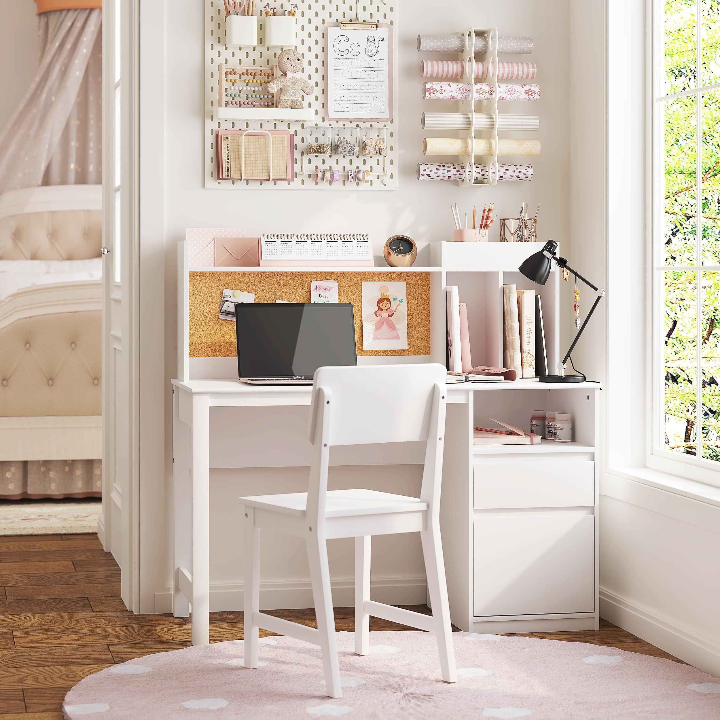 Kids Desk and Chair Sets, Kids Study Desk Set with Hutch and Storage