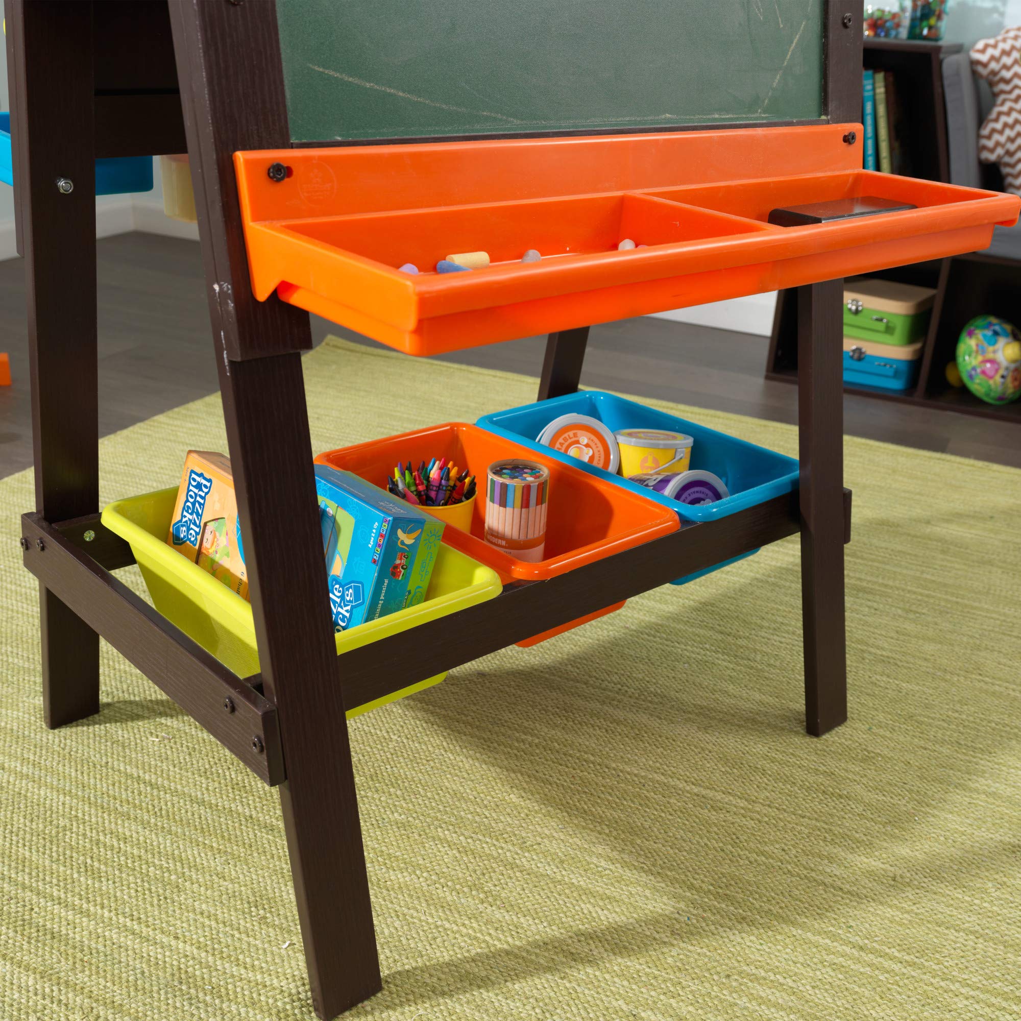 Wooden Storage Easel with Dry Erase and Chalkboard Surfaces
