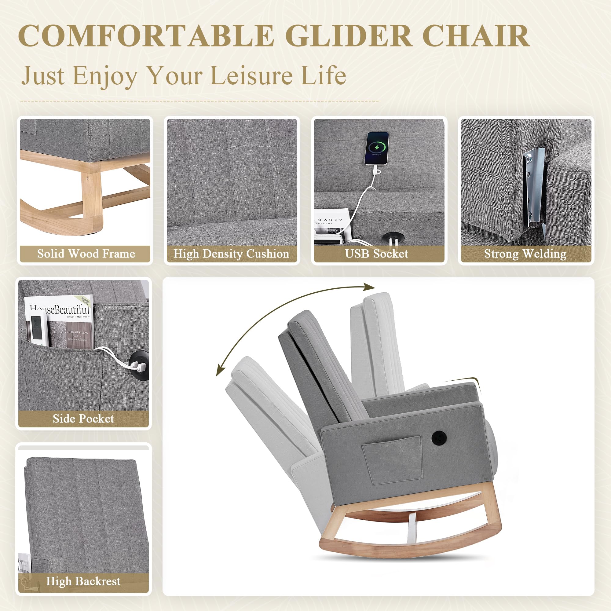 Upholstered Rocking Chair with USB Port and Side Pocket