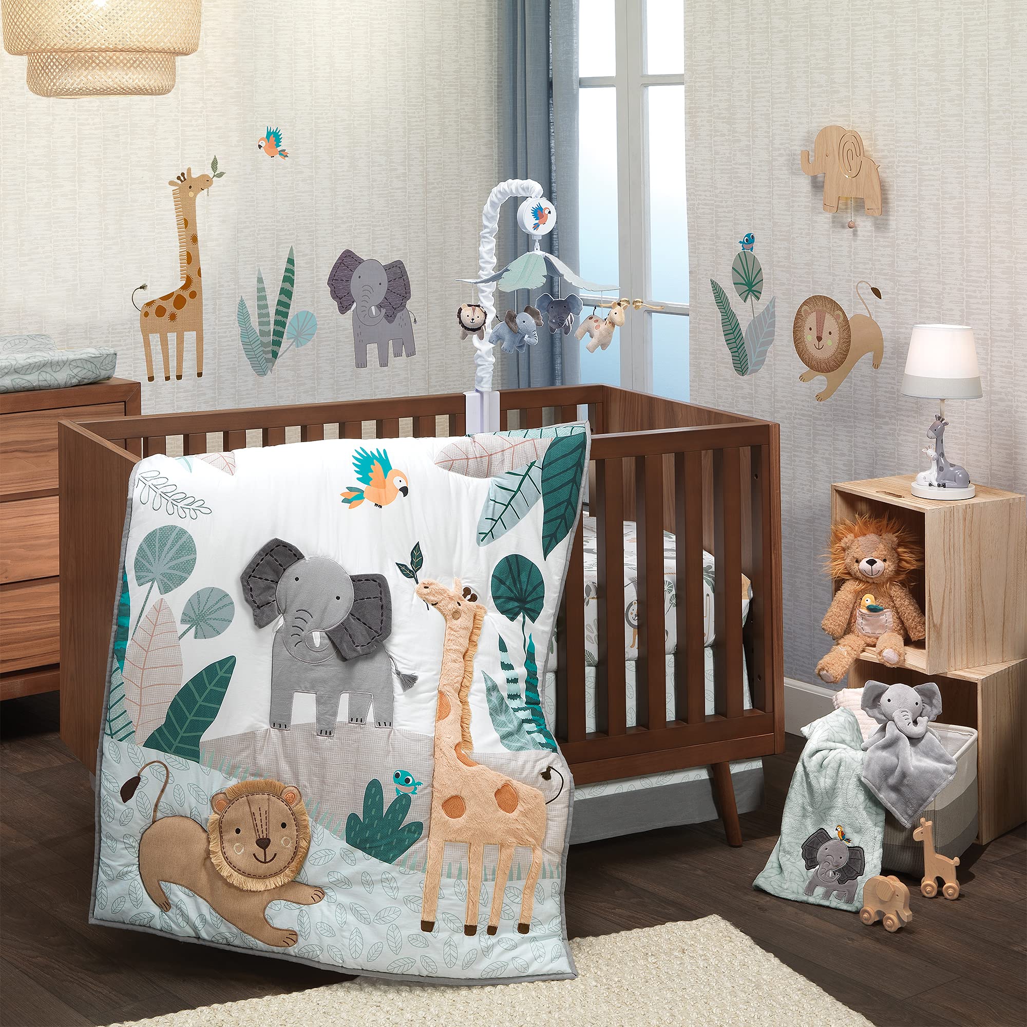 5-Piece Safari Animals Crib Bedding Set with Quilt and Fitted Sheet