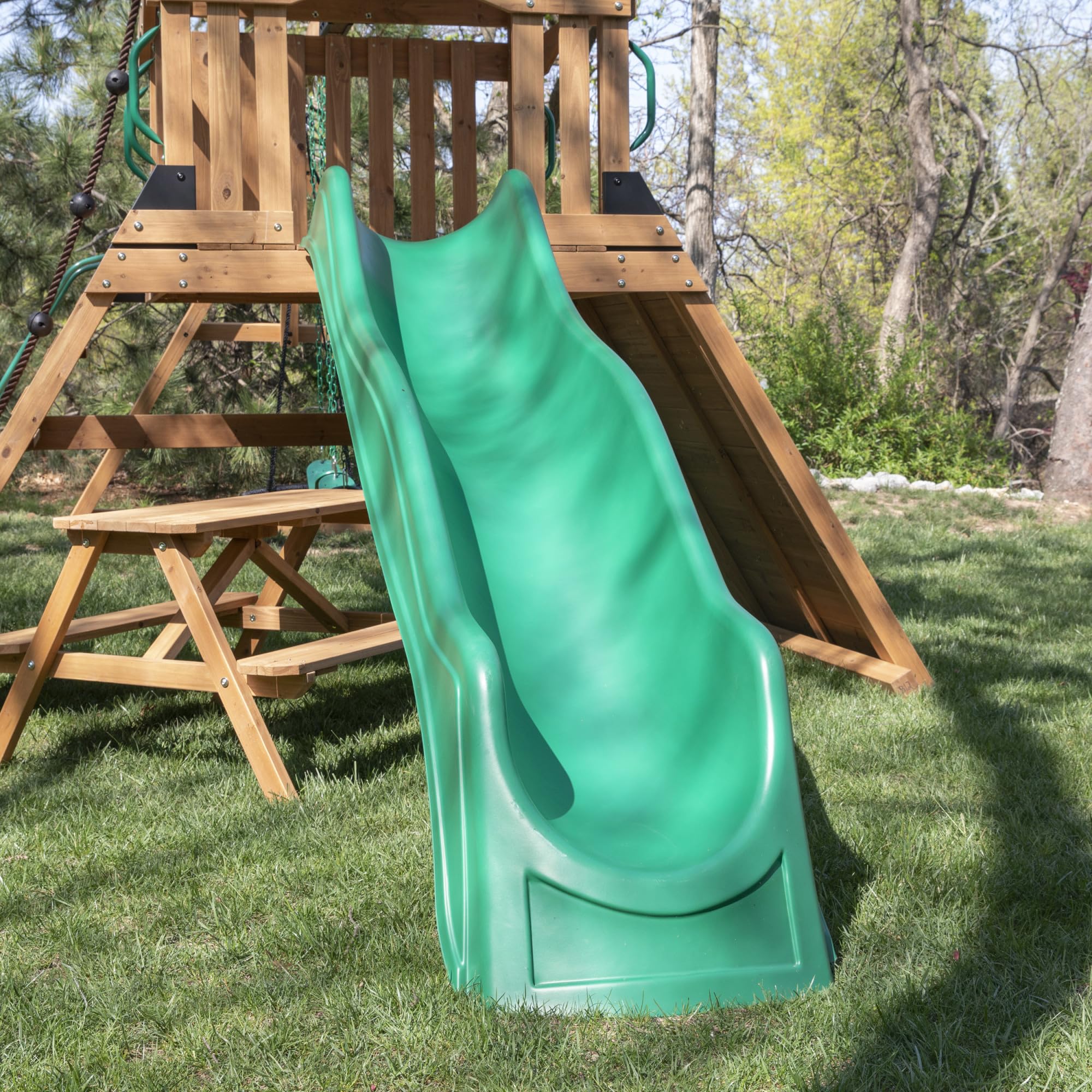 Endeavor II Cedar Wood Swing Set with Wave Slide, Play Deck, Double Rock Wall