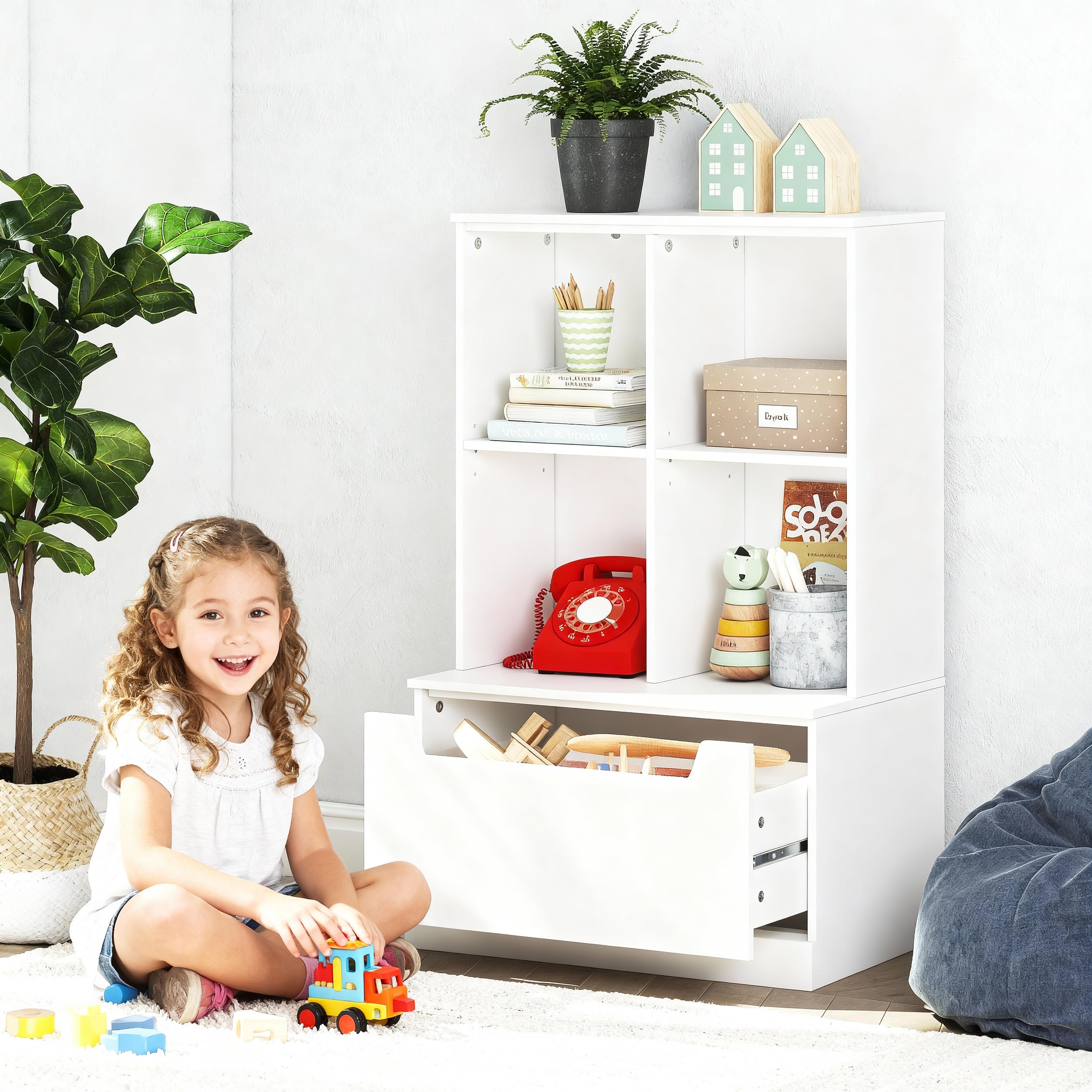 Kids Bookshelf and Toy Storage Organizer with Drawer