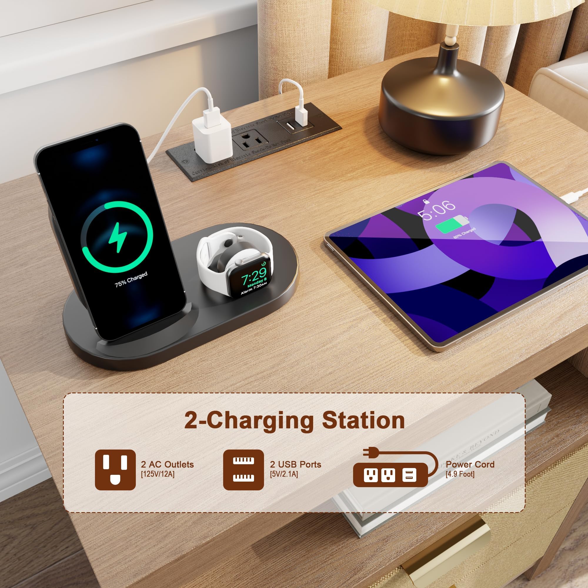 Rattan Nightstand with Charging Station and Storage Drawers