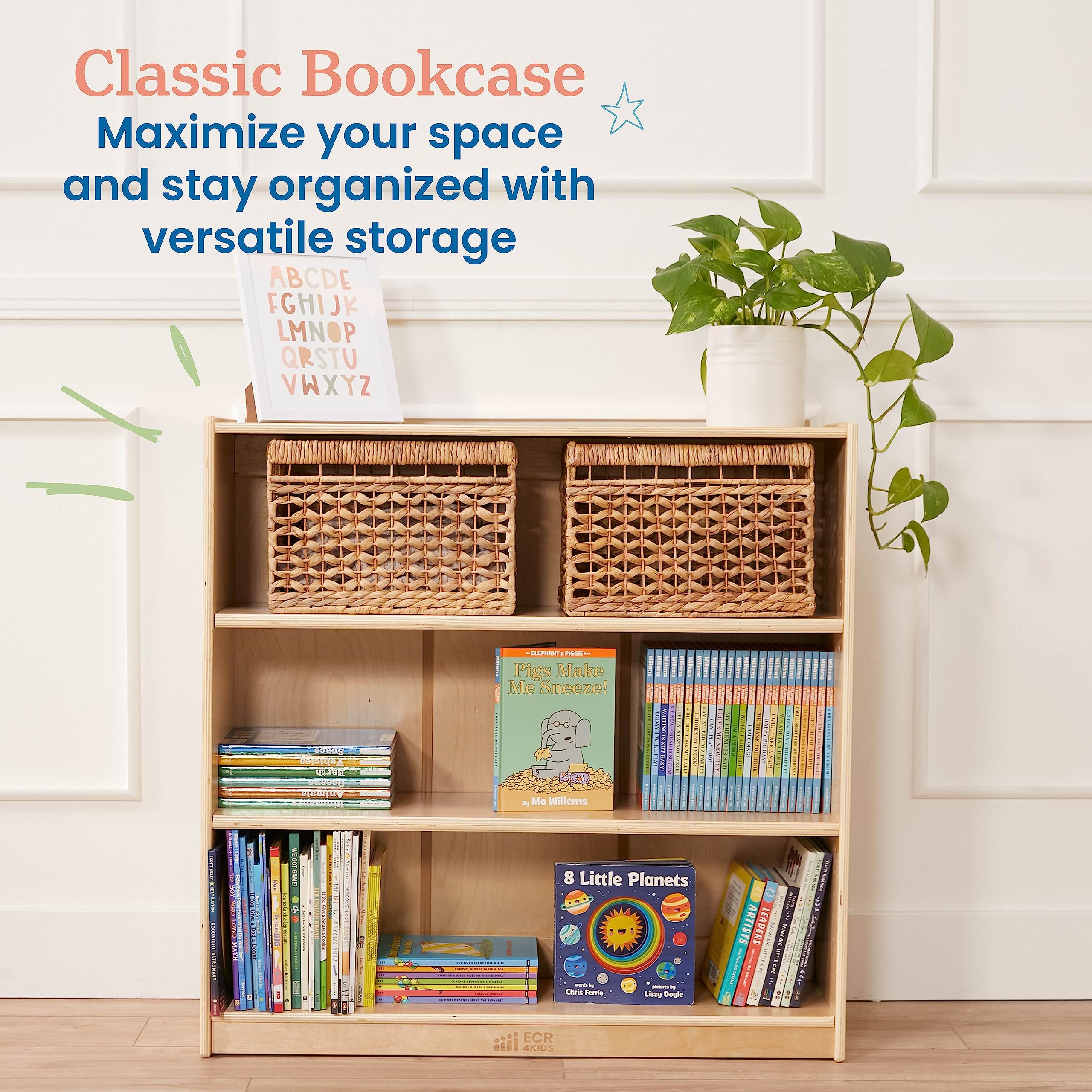 Wooden Bookcase with Adjustable Shelves for Kids