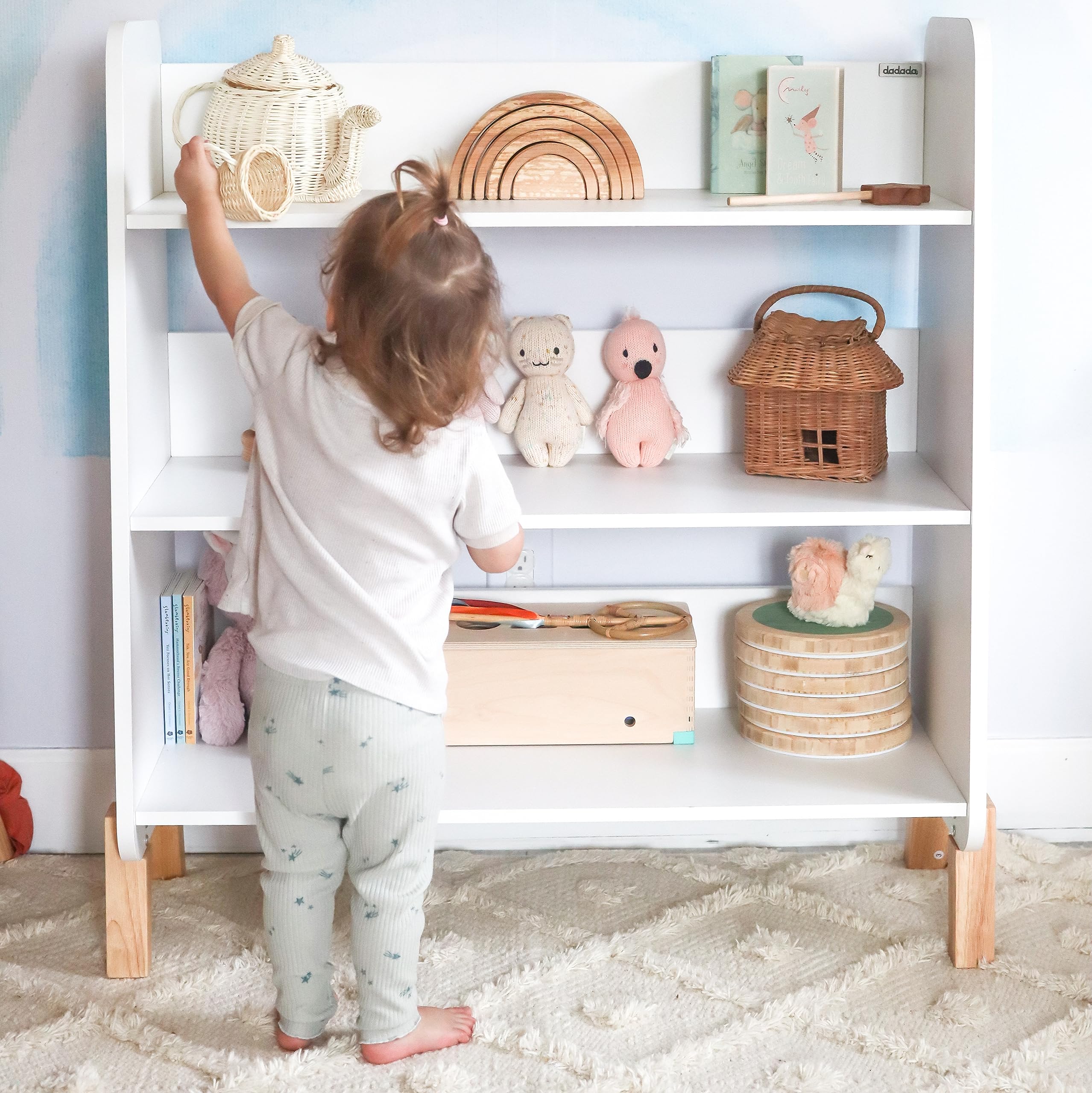 Toddler Bookshelf, 3-Tier 30" Modern Storage Display, White/Natural