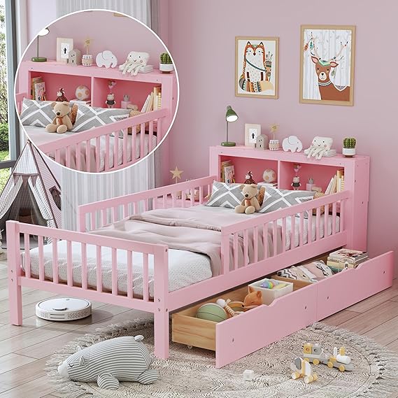 Kids Twin Bed Frame with Storage Headboard, Wooden Platform Bed