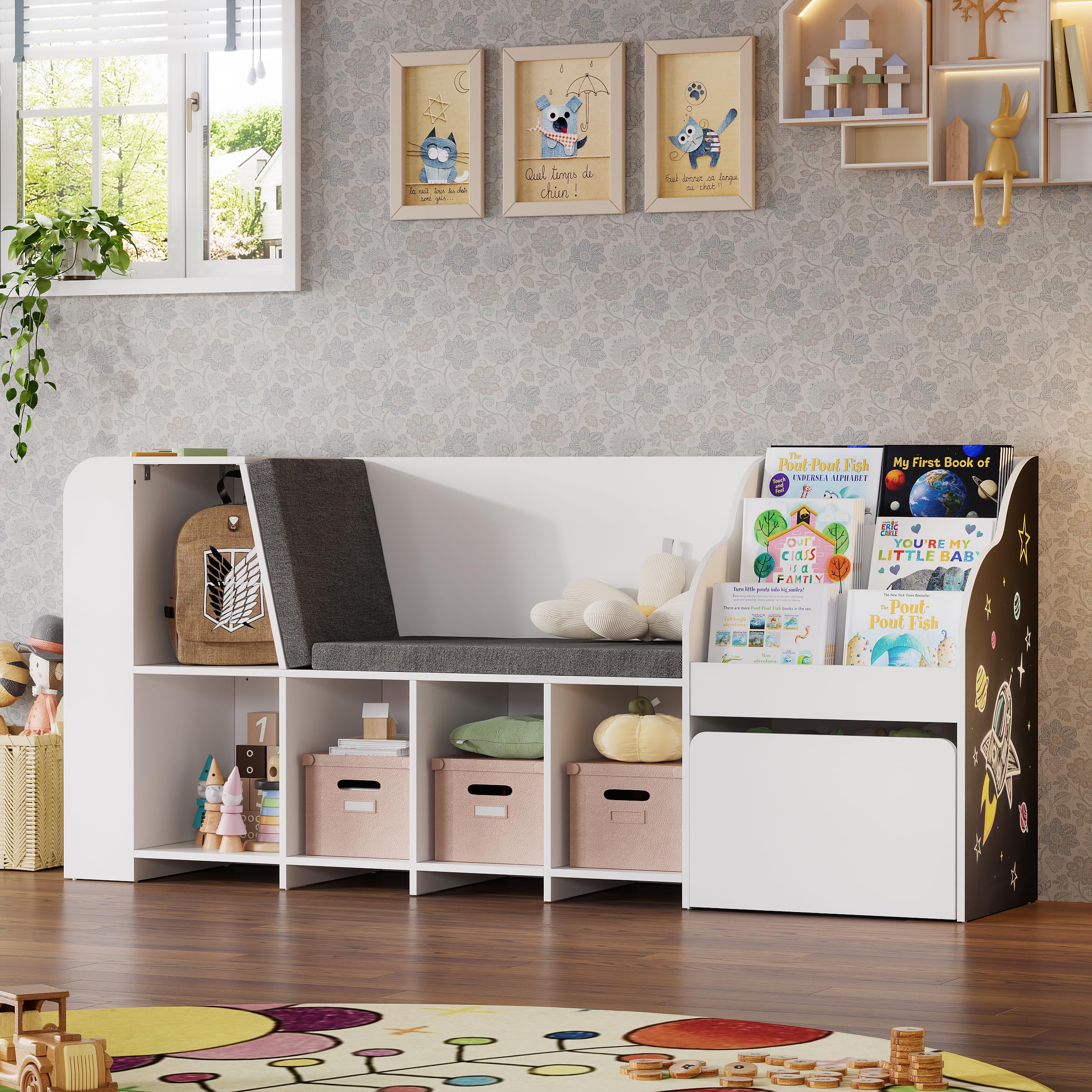 70.9" Kids Reading Nook with Bench, Kids Bookshelf