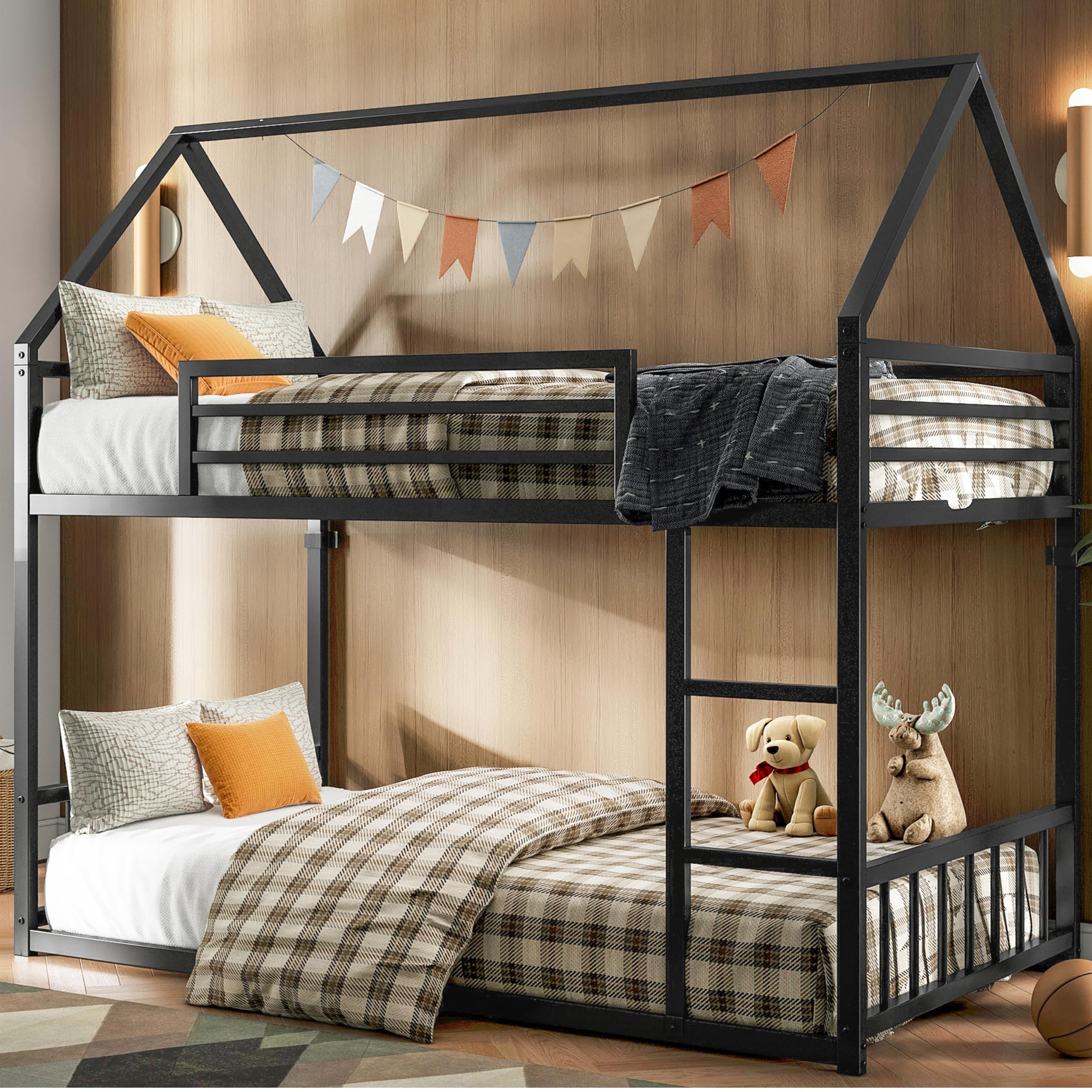 Twin Over Twin House Bunk Bed with Ladder and Guardrail