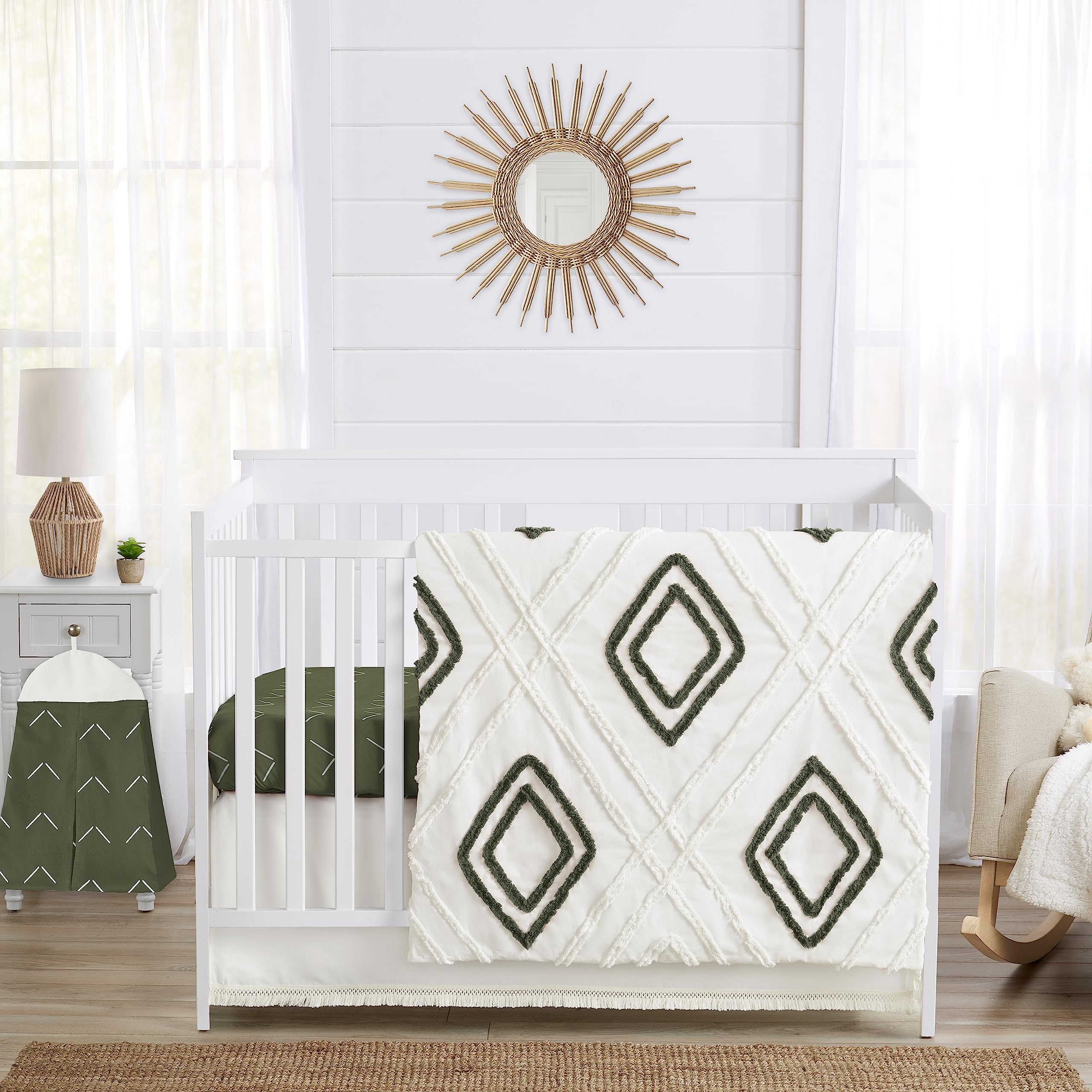 4-Piece Boho Crib Bedding Set - Sage Green Diamond Tufted