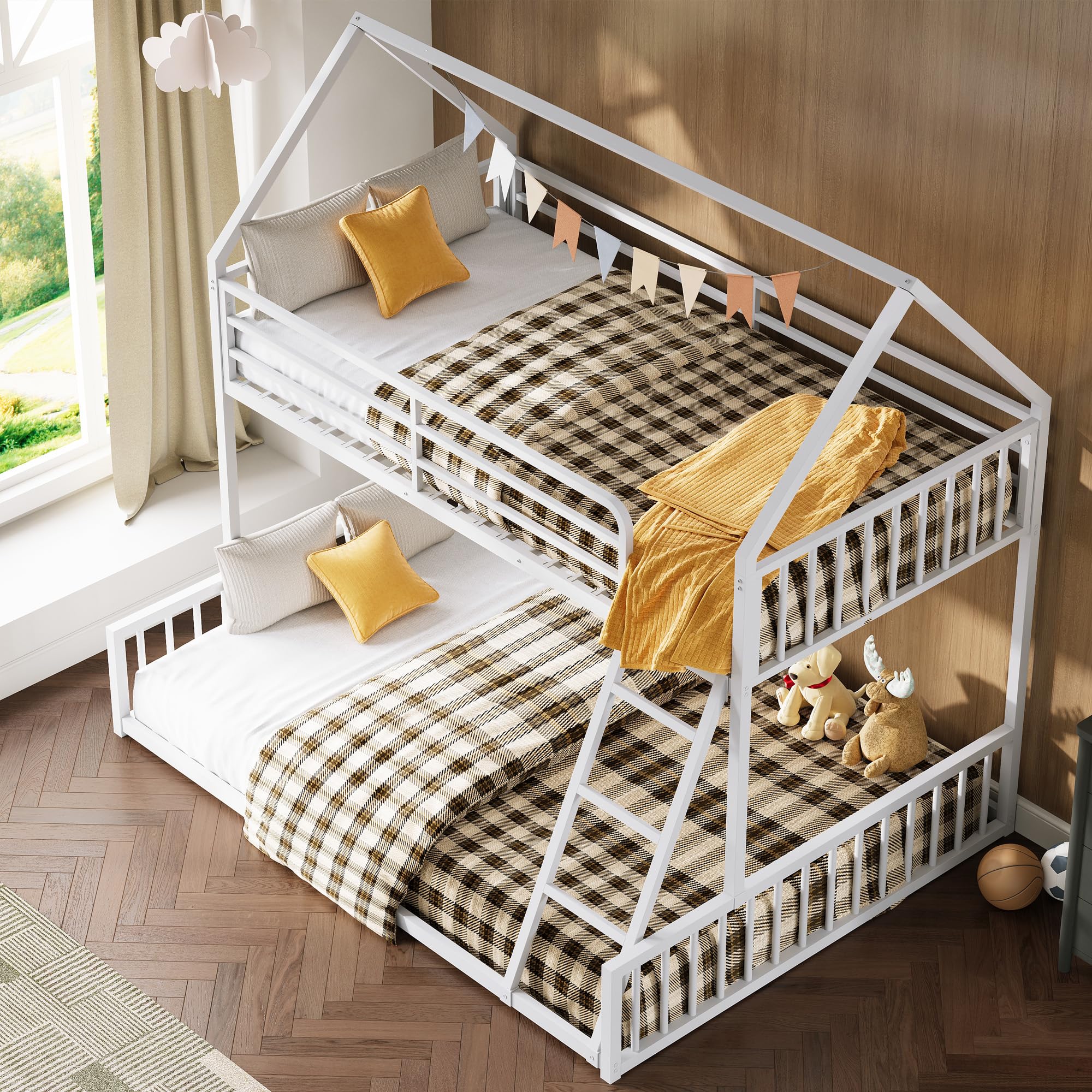 Twin Over Full House Bunk Bed with Ladder and Guardrail