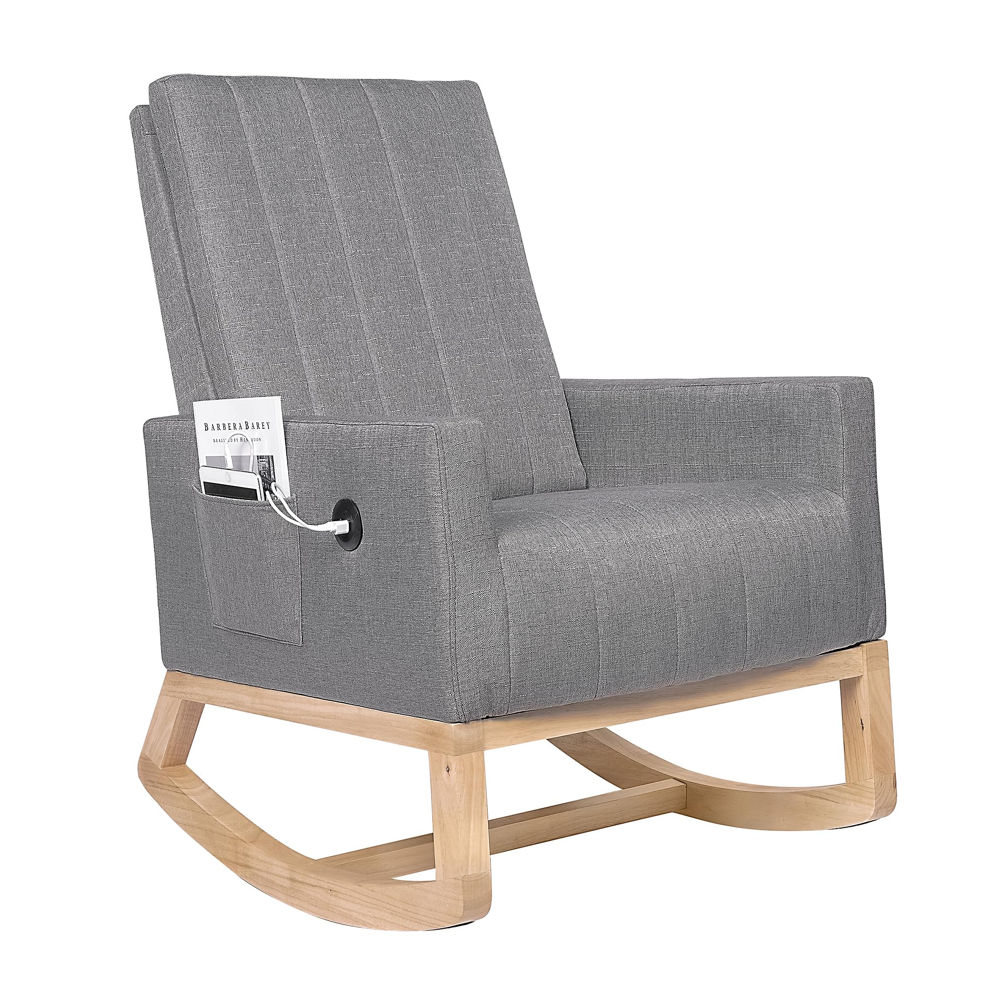 Upholstered Rocking Chair with USB Port and Side Pocket