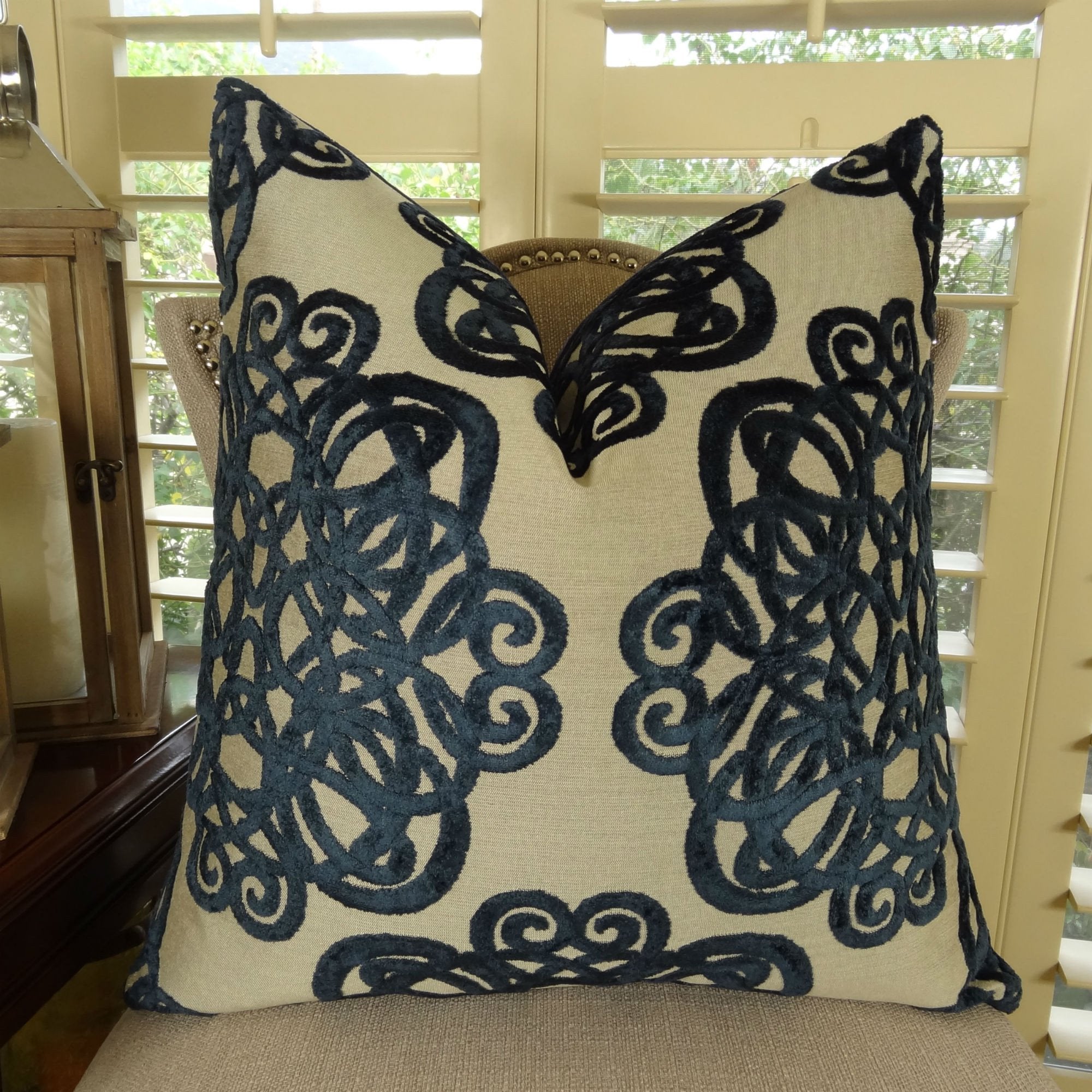 Luxury Designer Decortative Throw Pillow - Navy Beige Graphic