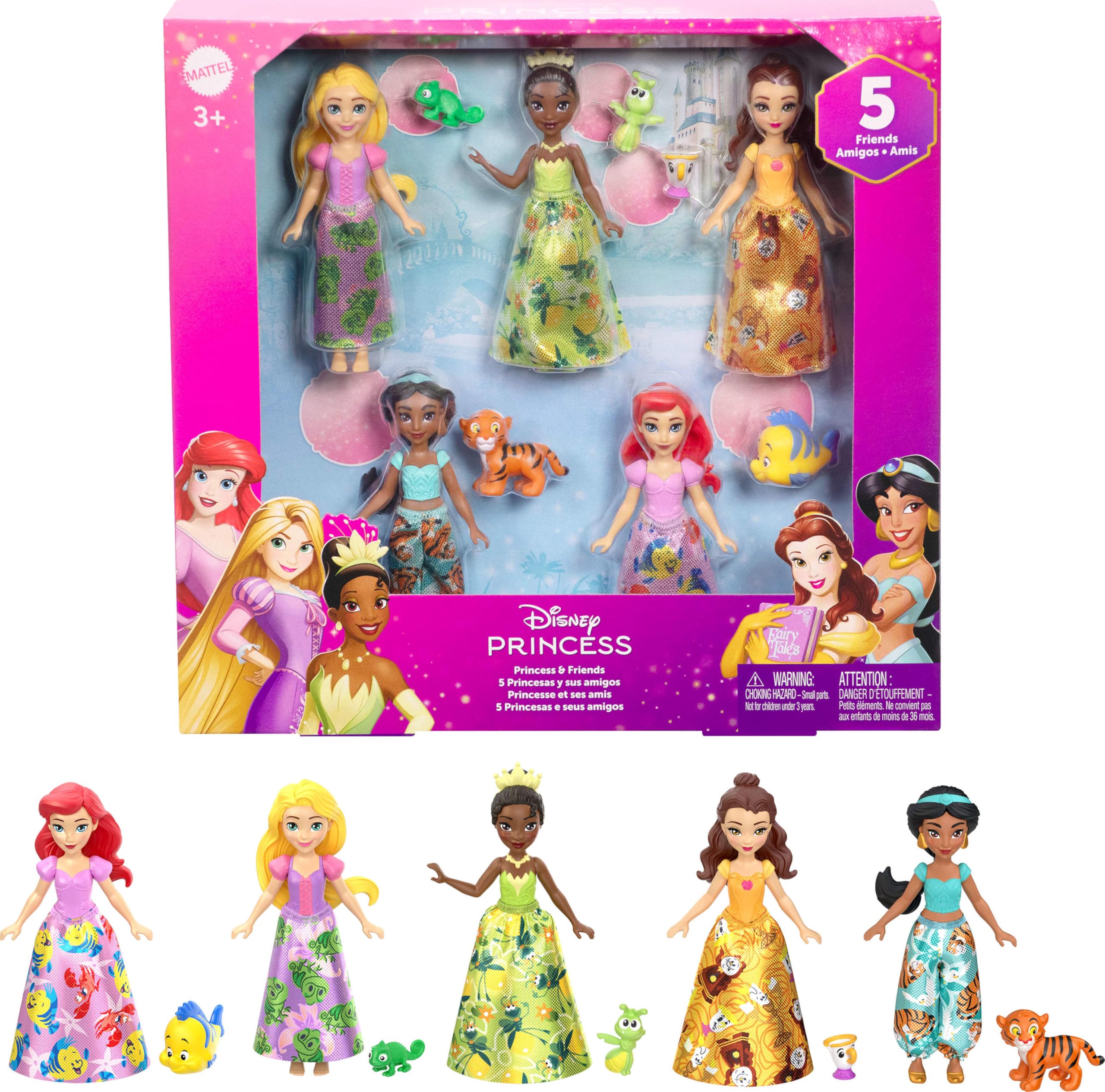 Disney Princess & Friends Set with 5 Posable Small Dolls in Removable Skirts
