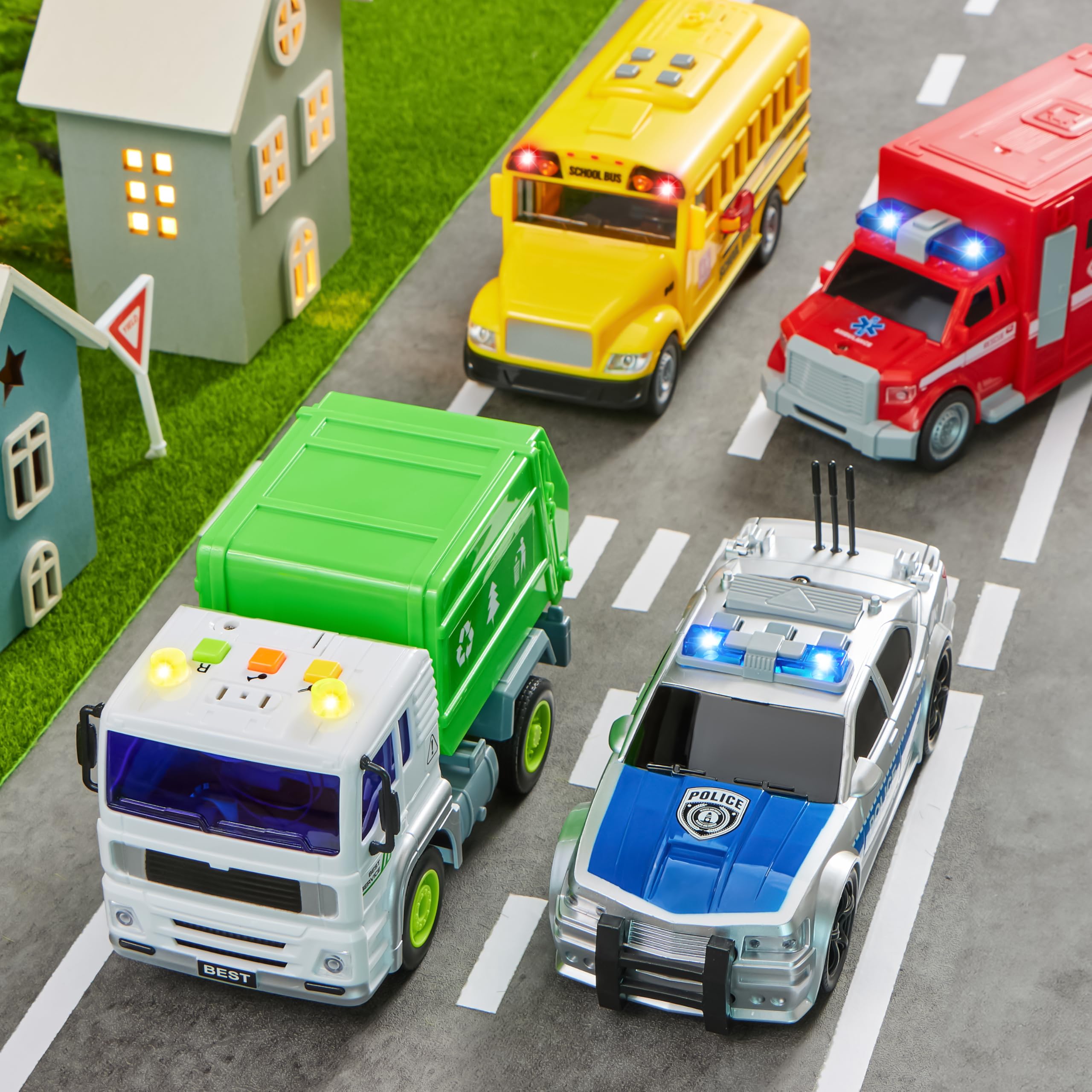 4 Pcs 7" Long Vehicle Toy Set, Toddlers Cars with Lights and Siren Sound, Including Play