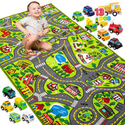 Kids Play Rugs - 12 Pull-Back Vehicle Set - Durable Carpet Playmat Rug - City Pretend