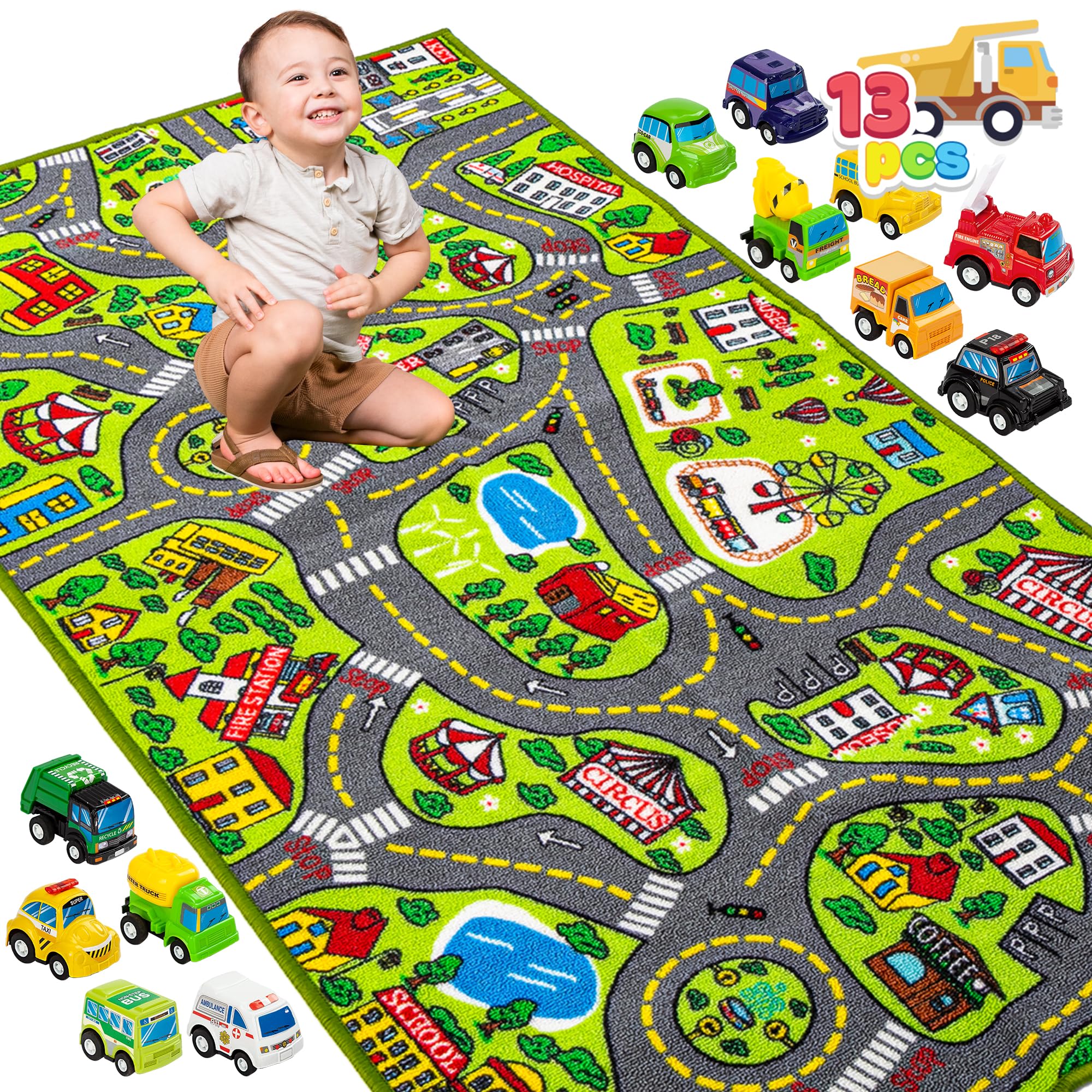 Kids Play Rugs - 12 Pull-Back Vehicle Set - Durable Carpet Playmat Rug - City Pretend