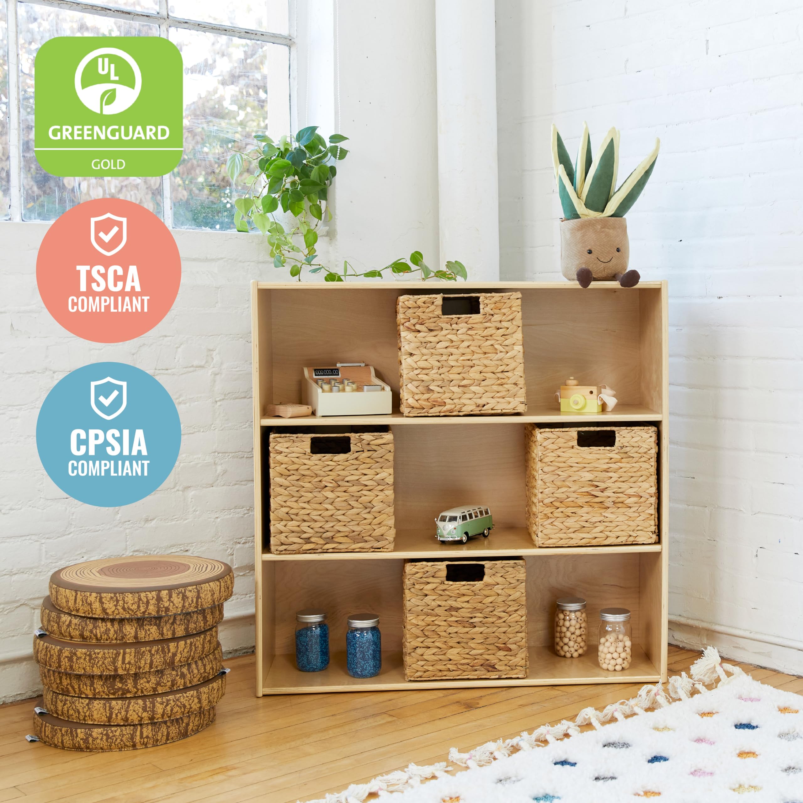 3-Shelf Storage Cabinet for Kids - Natural Wood Bookshelf Organizer