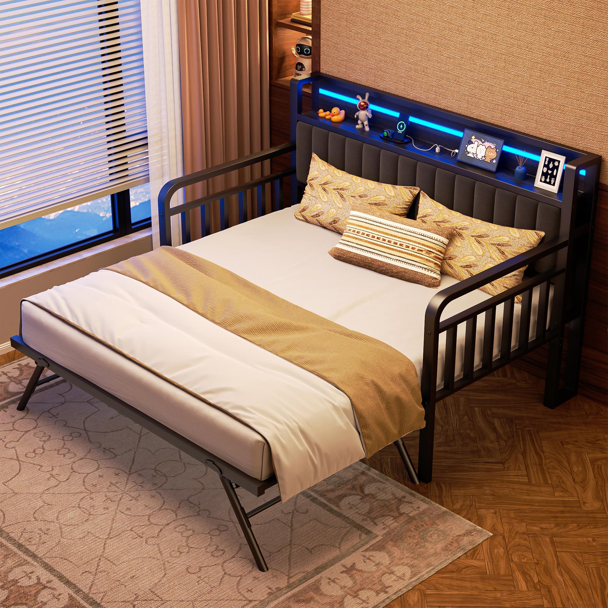 Daybed with Pop Up Trundle and LED Light, Heavy Duty Metal