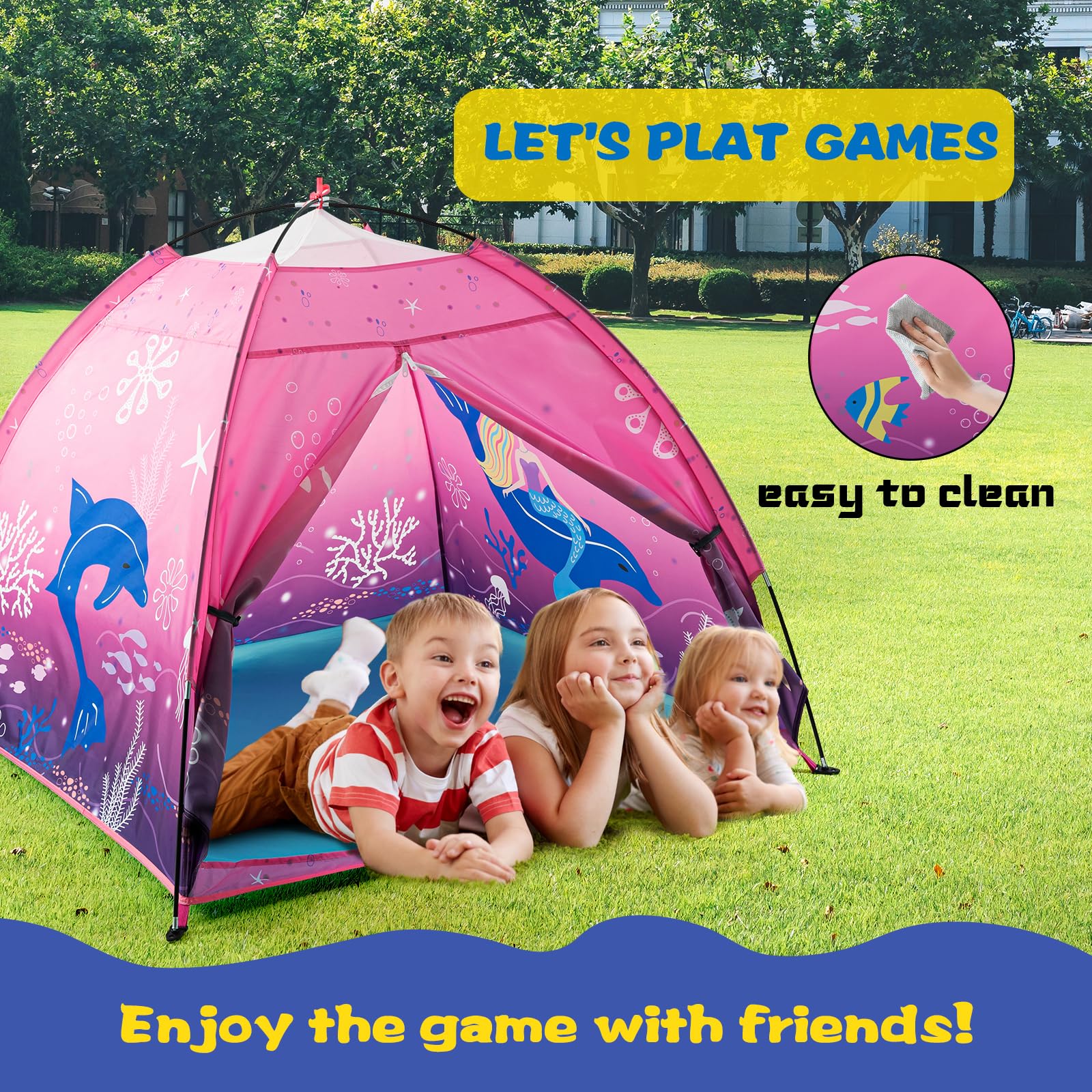 BLINWORLD Kids Play Mermaid Tent for Kids, Play Tentes Foldable Pop Up Indoor Outdoor Party Playhouse Tents Toy for Boys Girls-47 * 47 * 41 (Pink)