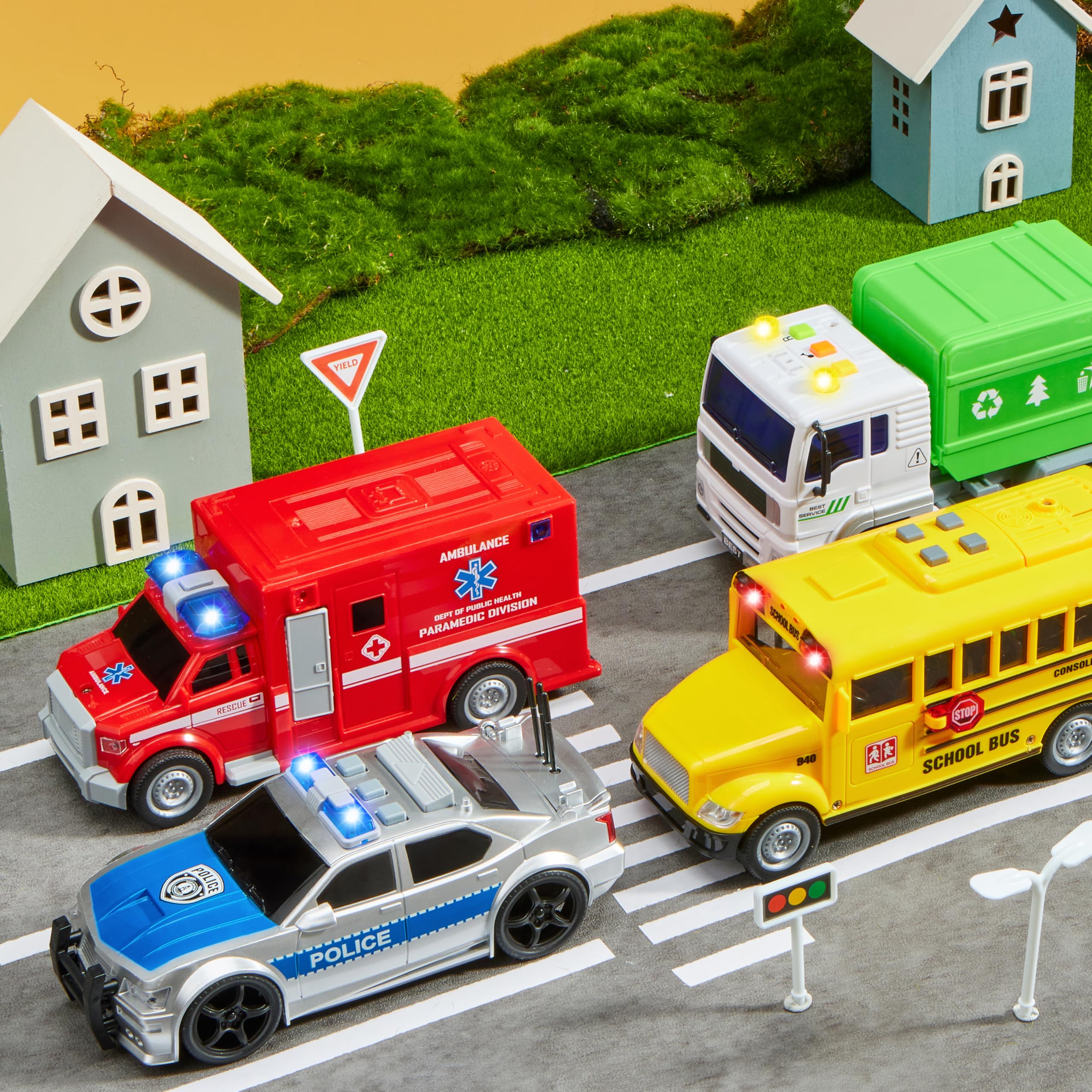 4 Pcs 7" Long Vehicle Toy Set, Toddlers Cars with Lights and Siren Sound, Including Play