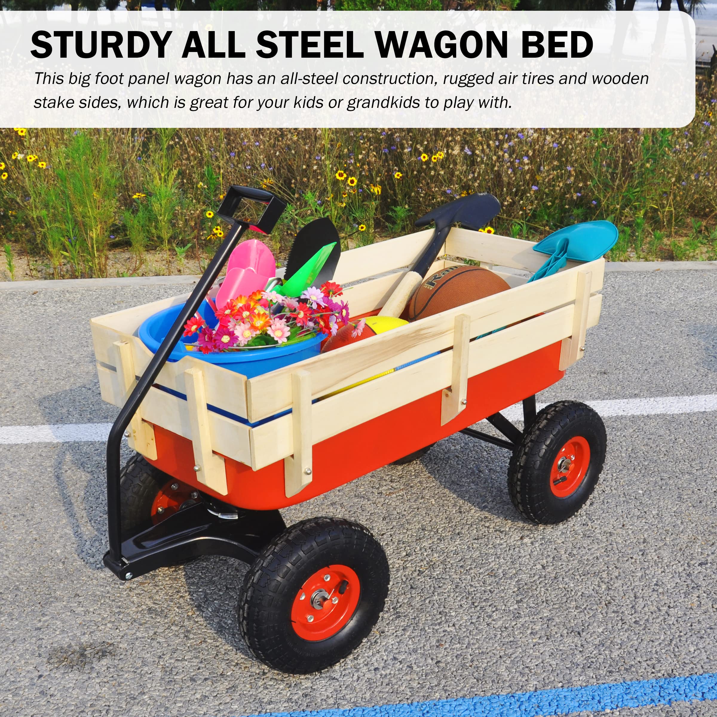 Sanch Ancha Heavy Duty Steel Wooden Side Support Cargo Wagon with 10” All-Terrain Air Tires, Up to 176lb Haul Capacity, Effortless Foldable Handle Cart for Towing Kids Toys, Gardening Supplies (Red)