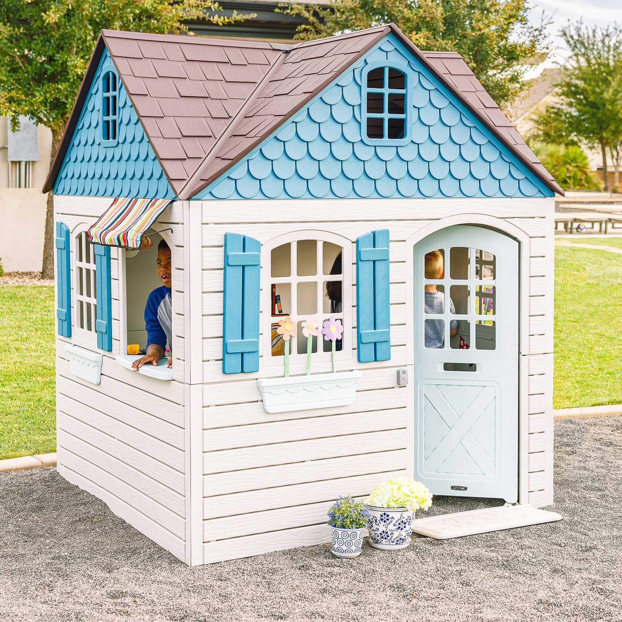 Heavy Duty Plastic Outdoor Playhouse, 6ft x 6ft x 7 ft Tall, Beige & Blue