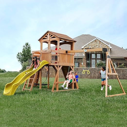 Sterling Point Cedar Wood Swing Set with Wave Slideing, Trapeze, Balcony, Climbing Wall, Ladder, Outdoor Playset