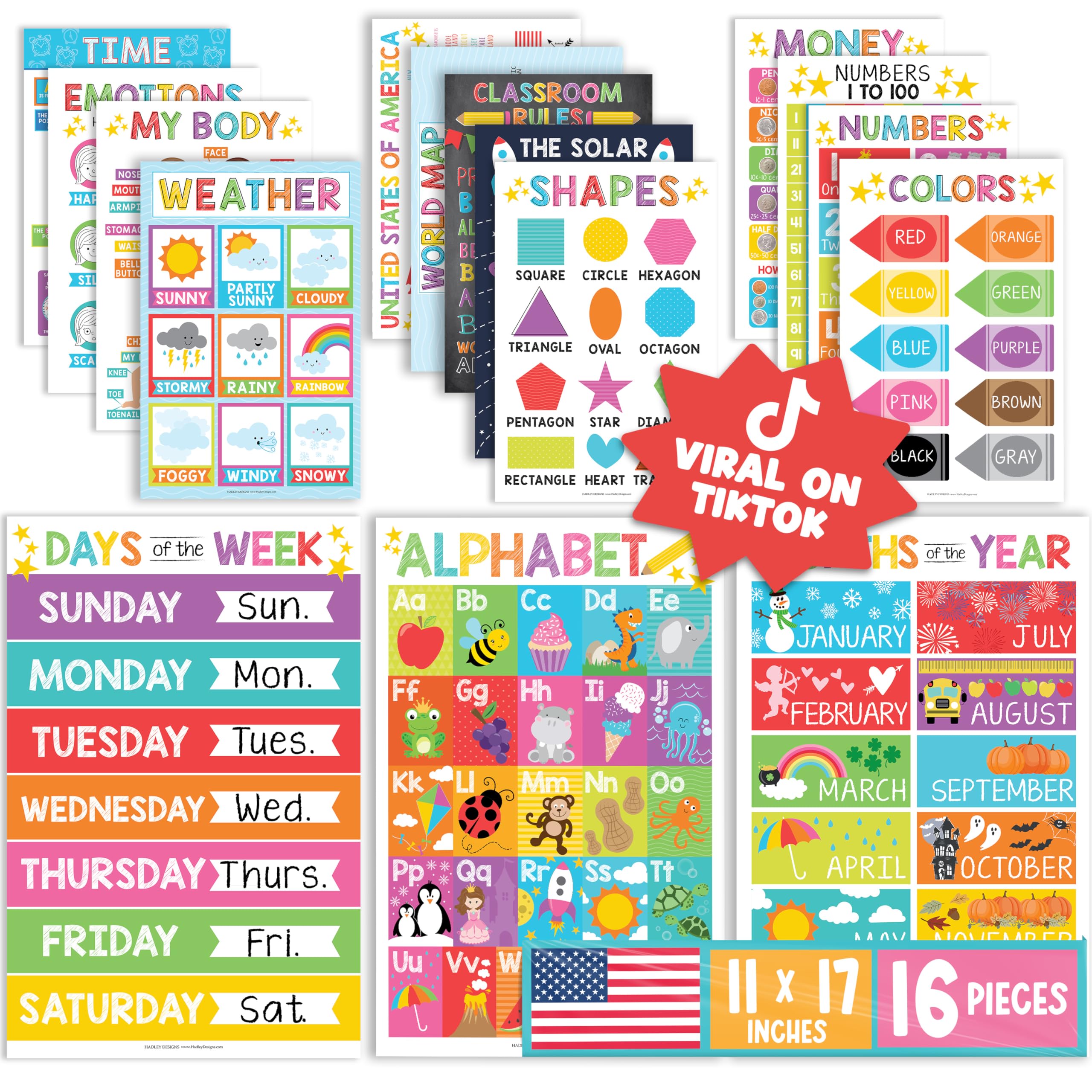 Educational Posters for Toddlers and Kids 16-Pack Laminated