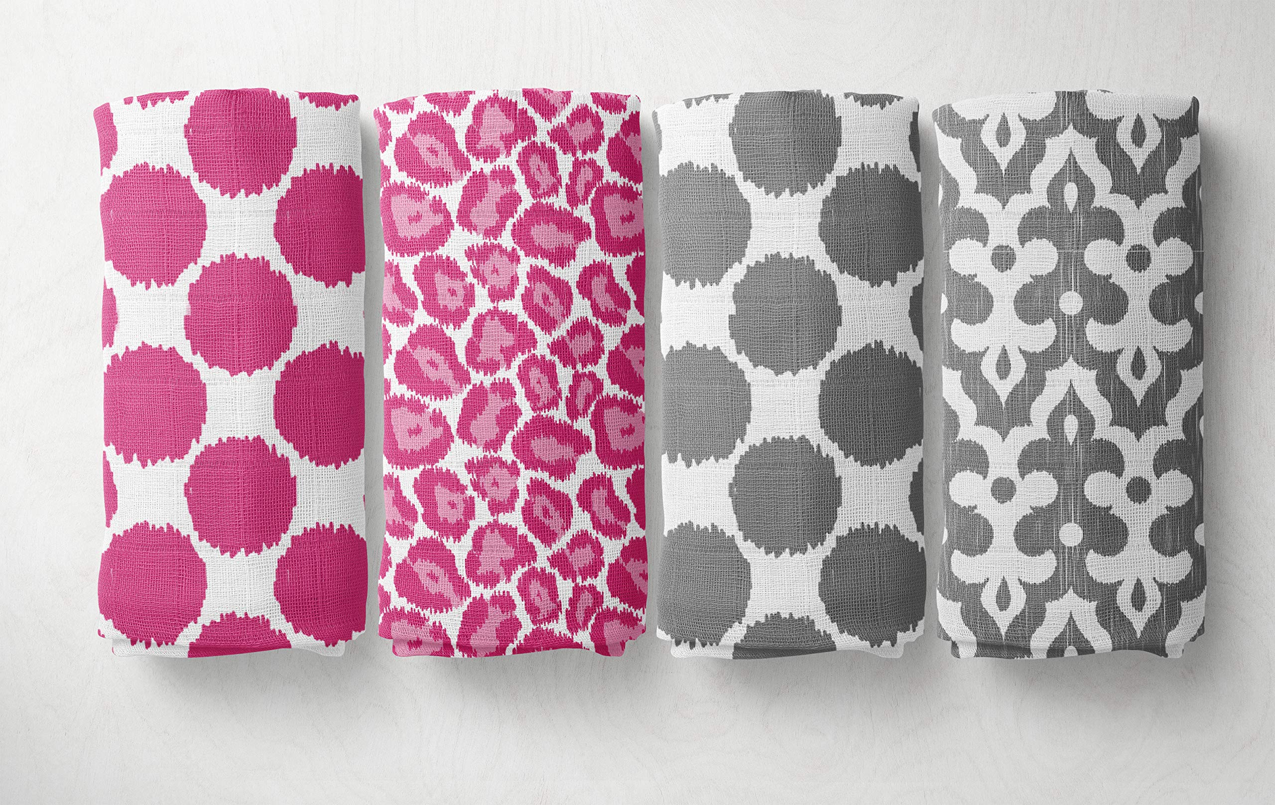 Bacati Ikat Pink/Grey 6 Pc Crib Set with 4 Muslin Swaddling Blankets, Crib Skirt & Solid Crib Fitted Sheet