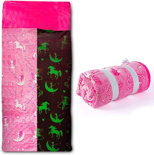 Kids Sleeping Bag with Pillow Pocket - Dinosaur Glow In
