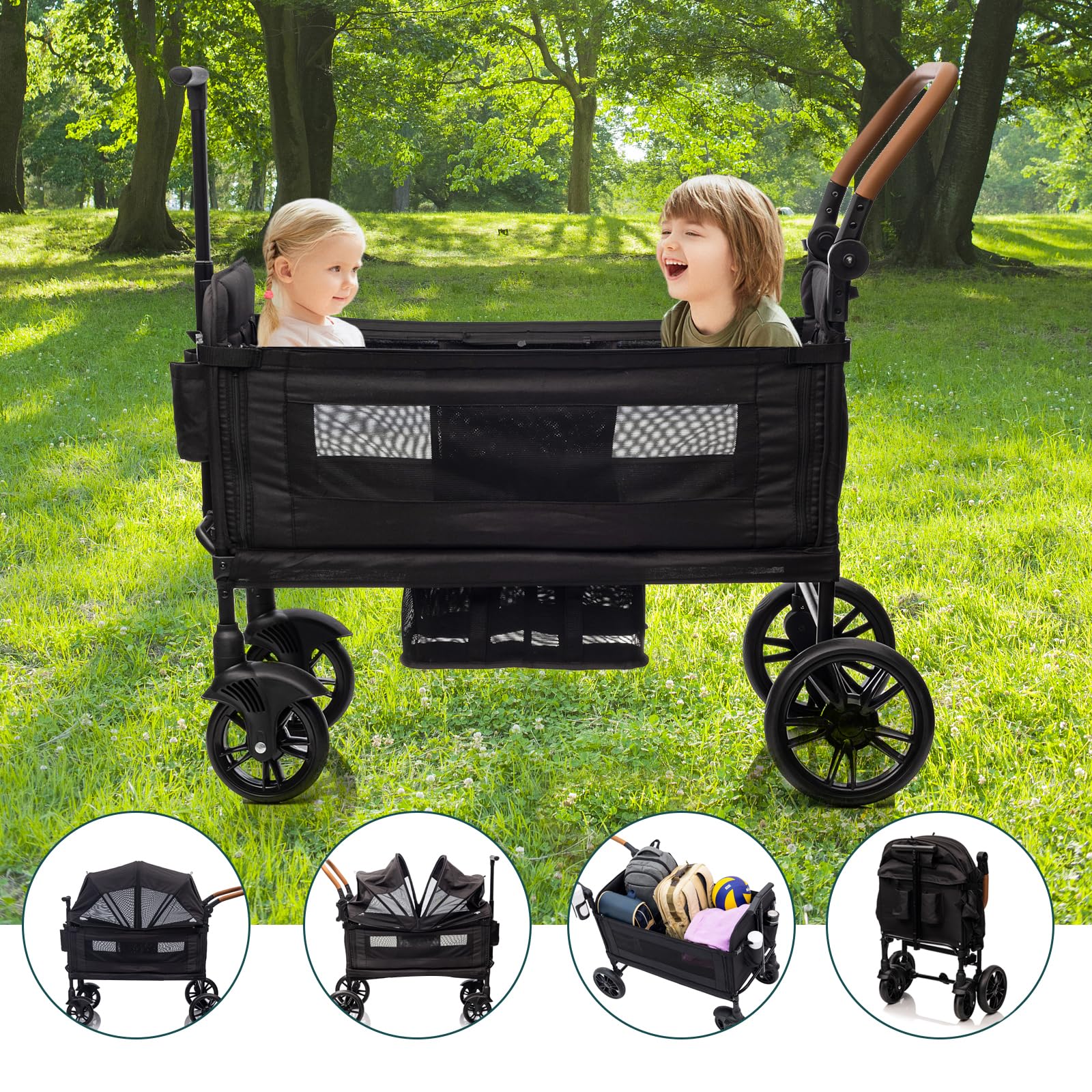 SPWVIP Stroller Wagon for 2 Kids- Lightweight Travel Folding Push Pull Baby Wagon for Newborn&Toddler with 5-Point Harness,Adjustable Canopy,Tray Table,Cup Holder,Storage Pocketsets