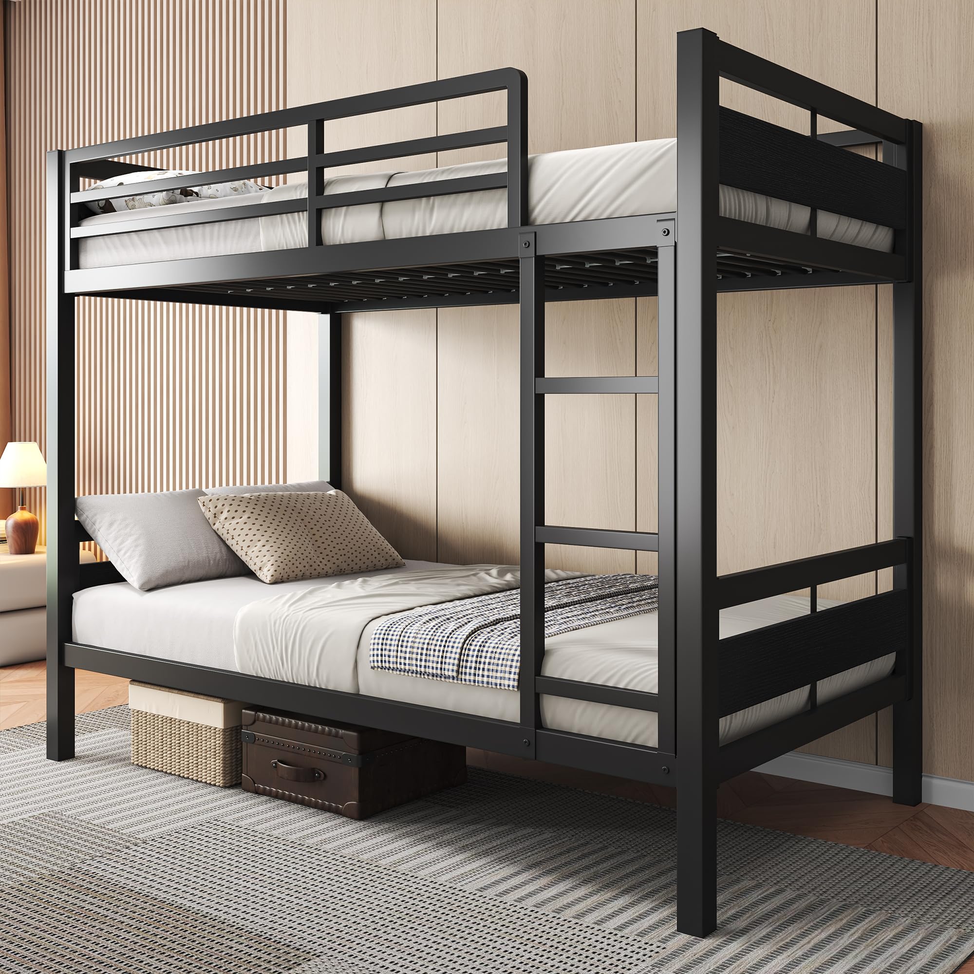 Metal Twin Over Twin Bunk Bed with Ladder and High Guardrail
