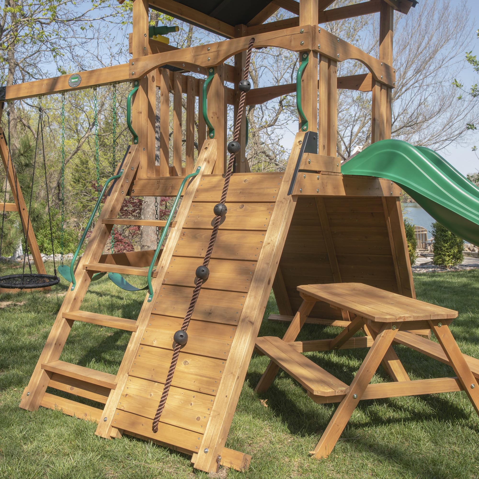 Endeavor II Cedar Wood Swing Set with Wave Slide, Play Deck, Double Rock Wall