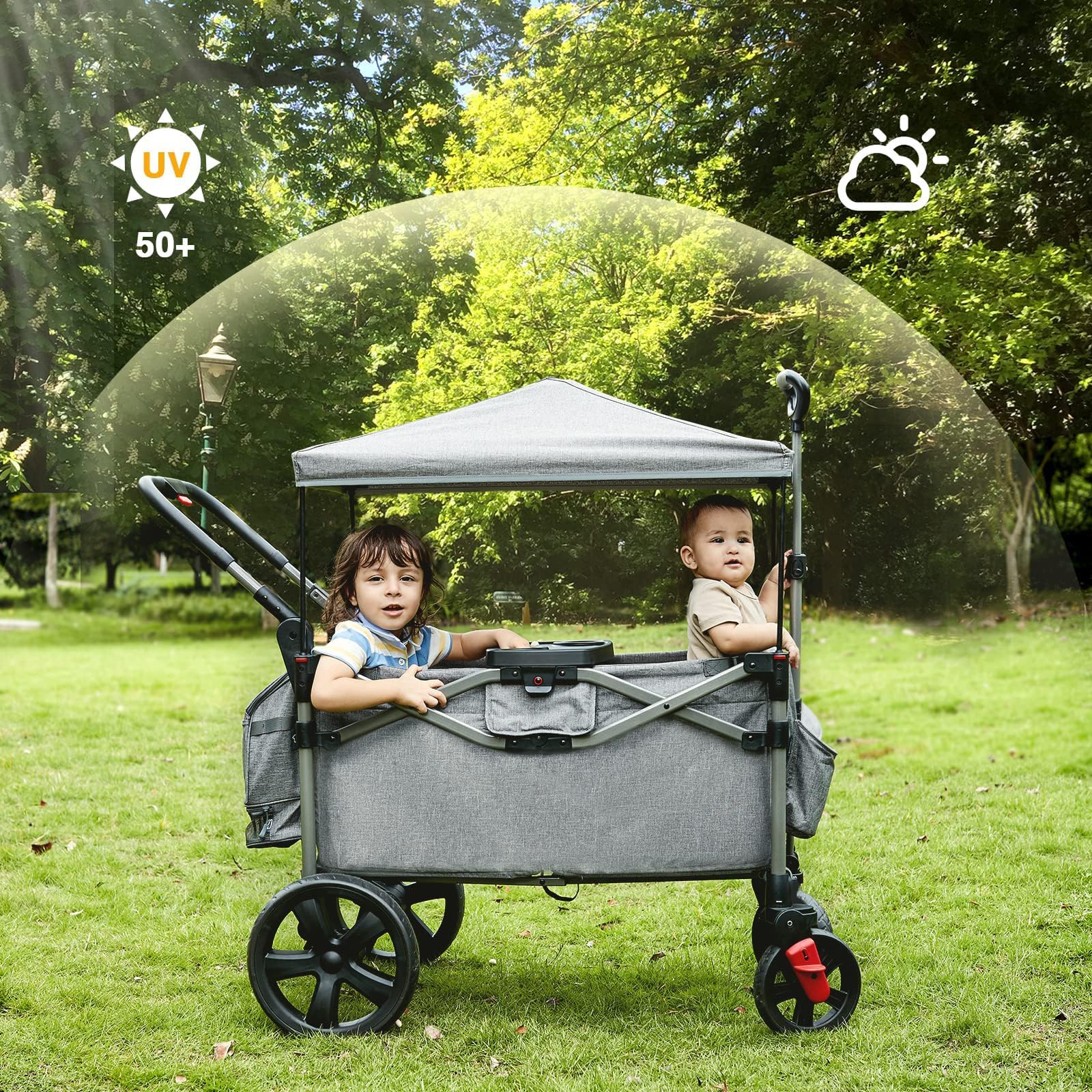Foldable Wagons for Two Kids & Cargo, Collapsible Folding Stroller