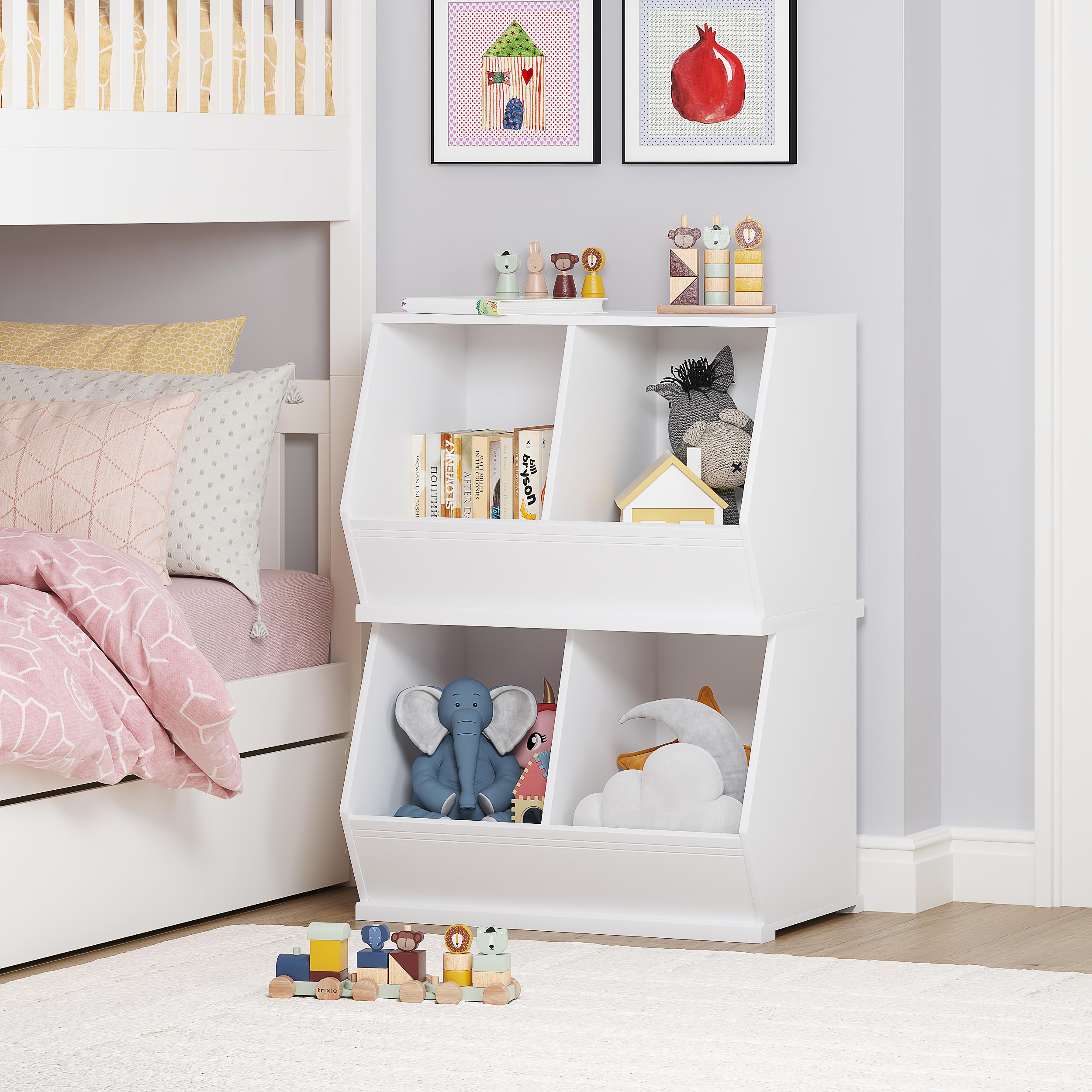 Stackable Toy Storage Cabinet Wooden Cubby Organizer White Shelf