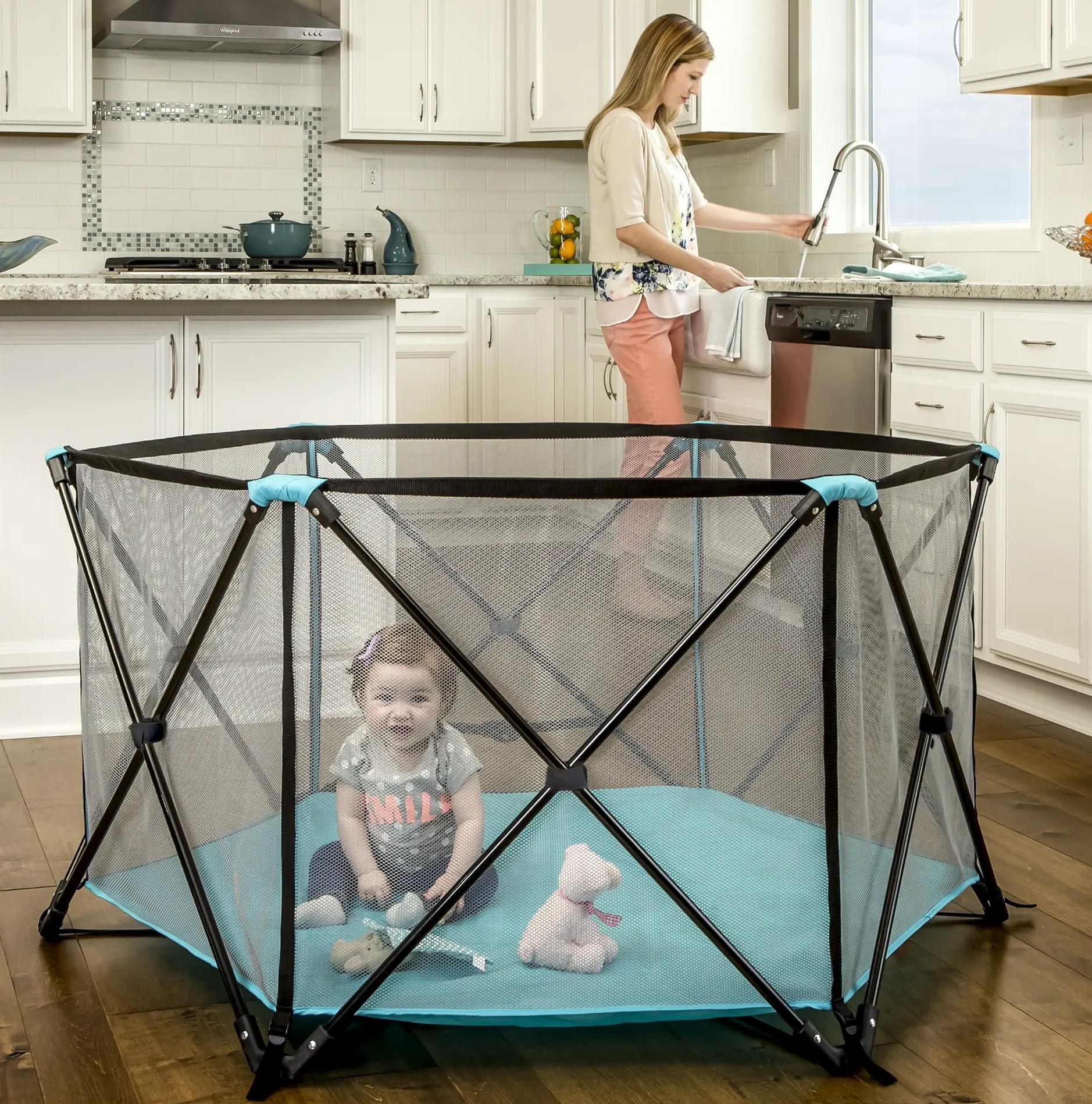 My Portable Play Yard Indoor and Outdoor, Washable, Aqua, 6-Panel, 48 Inch