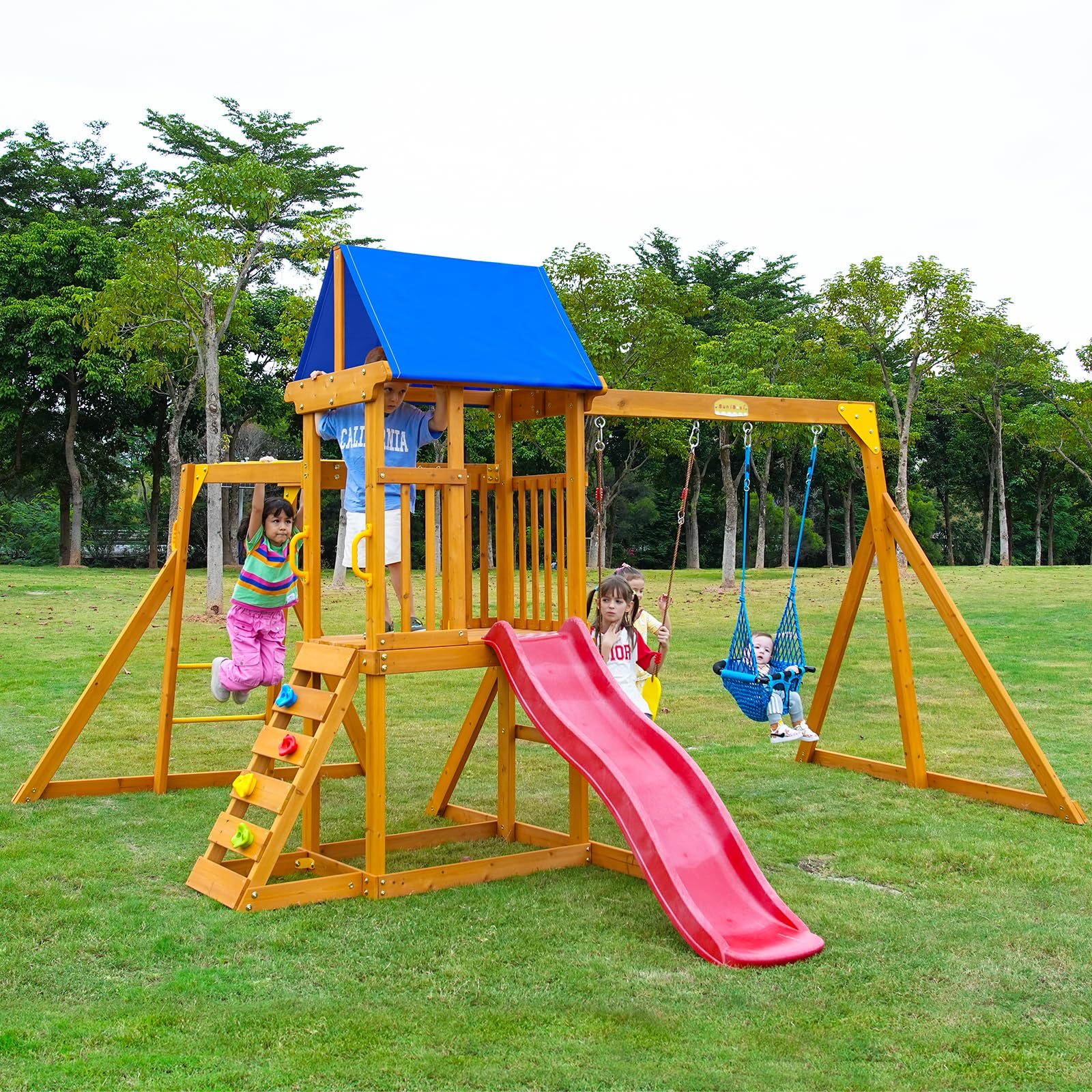 Wooden Playground Set with Monkey Bars and Swings for Kids Ages 3-6